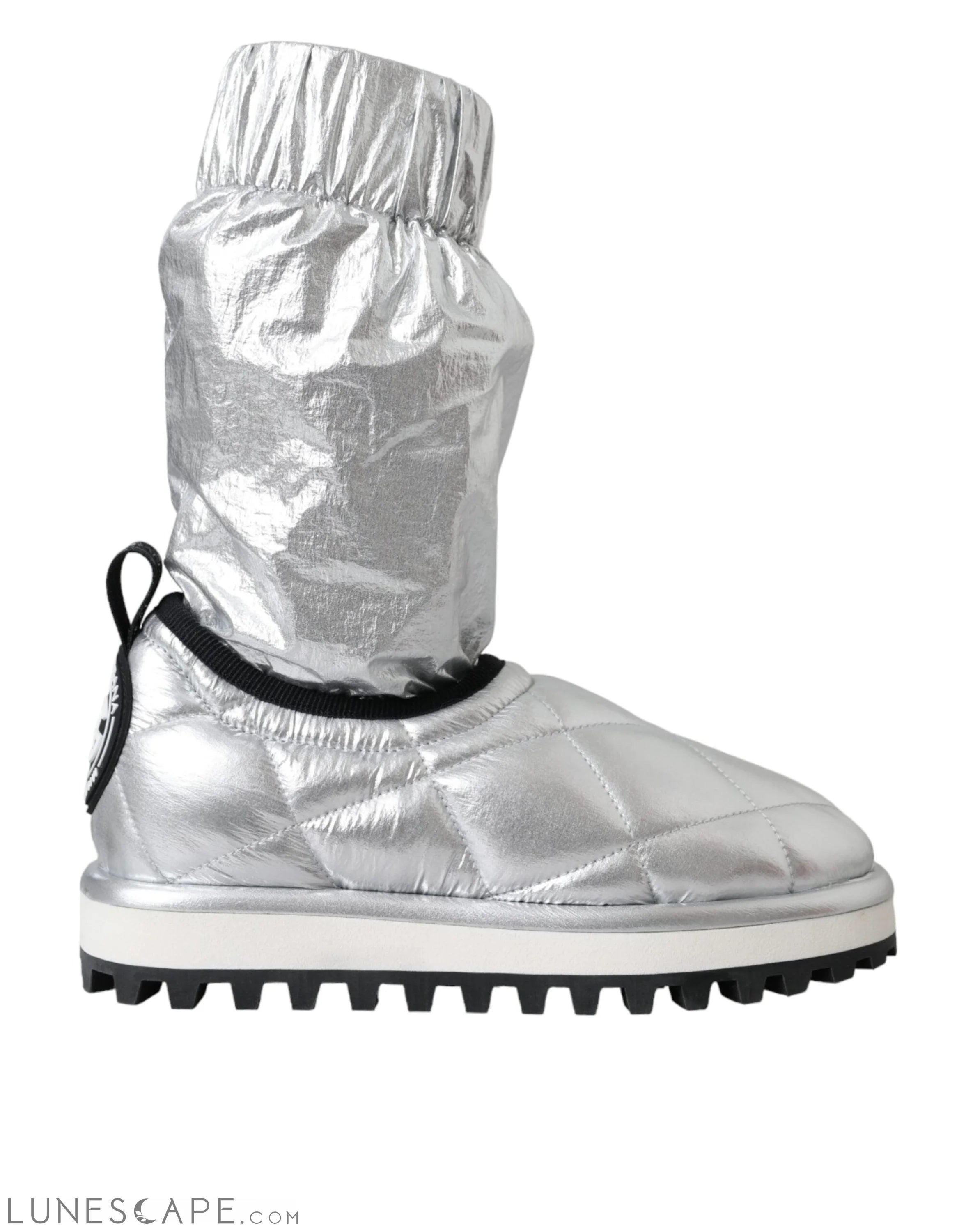 Dolce & Gabbana Metallic Silver Quilted Logo Patch Boot LUNESCAPE