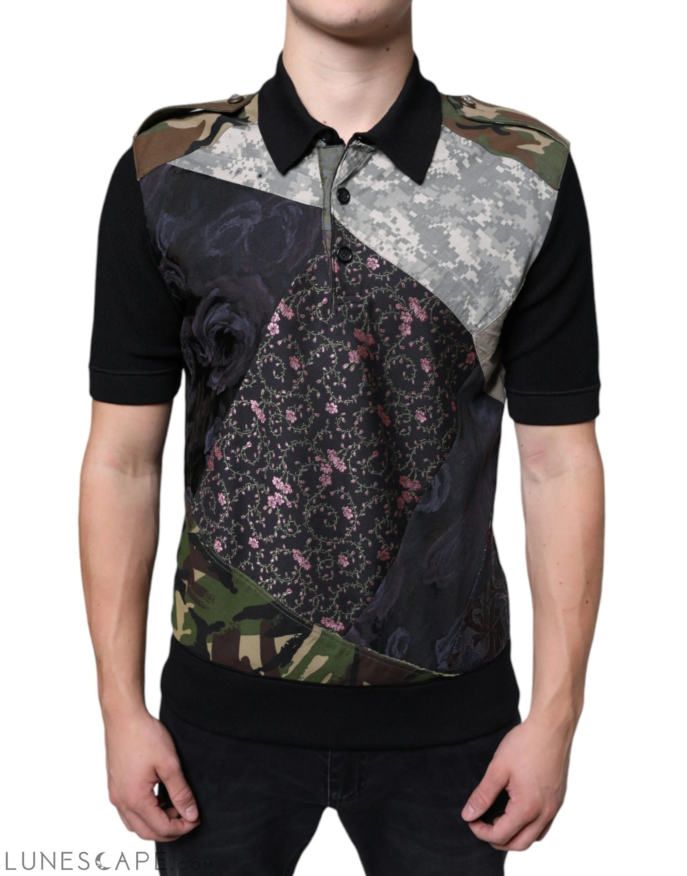 Dolce & Gabbana Multicolor Camouflage Patchwork Silk Polo T-shirt LUNESCAPE