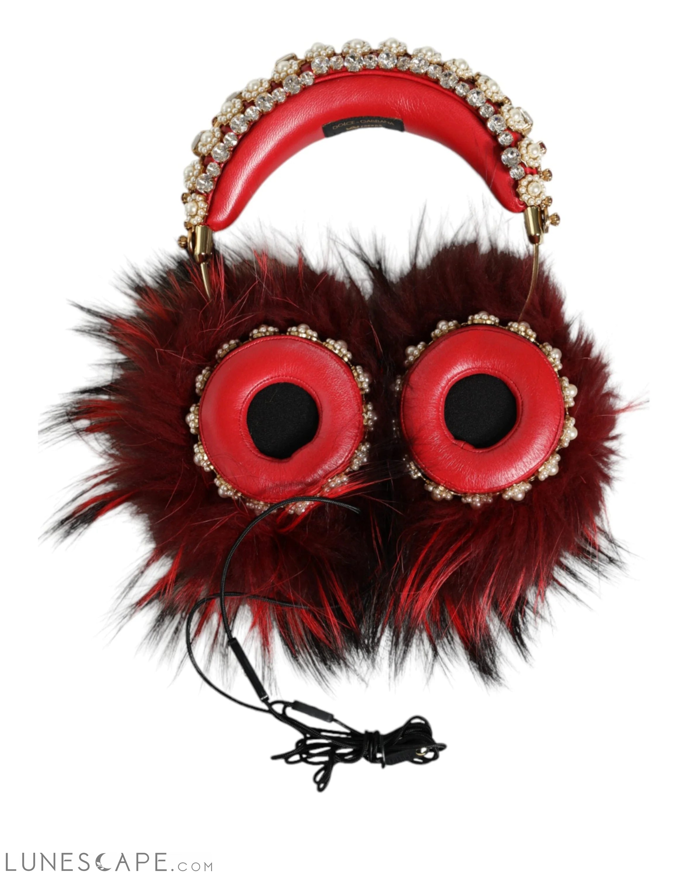 Dolce & Gabbana Red Gold Crystal Fur Headset Audio AUX Headphones LUNESCAPE