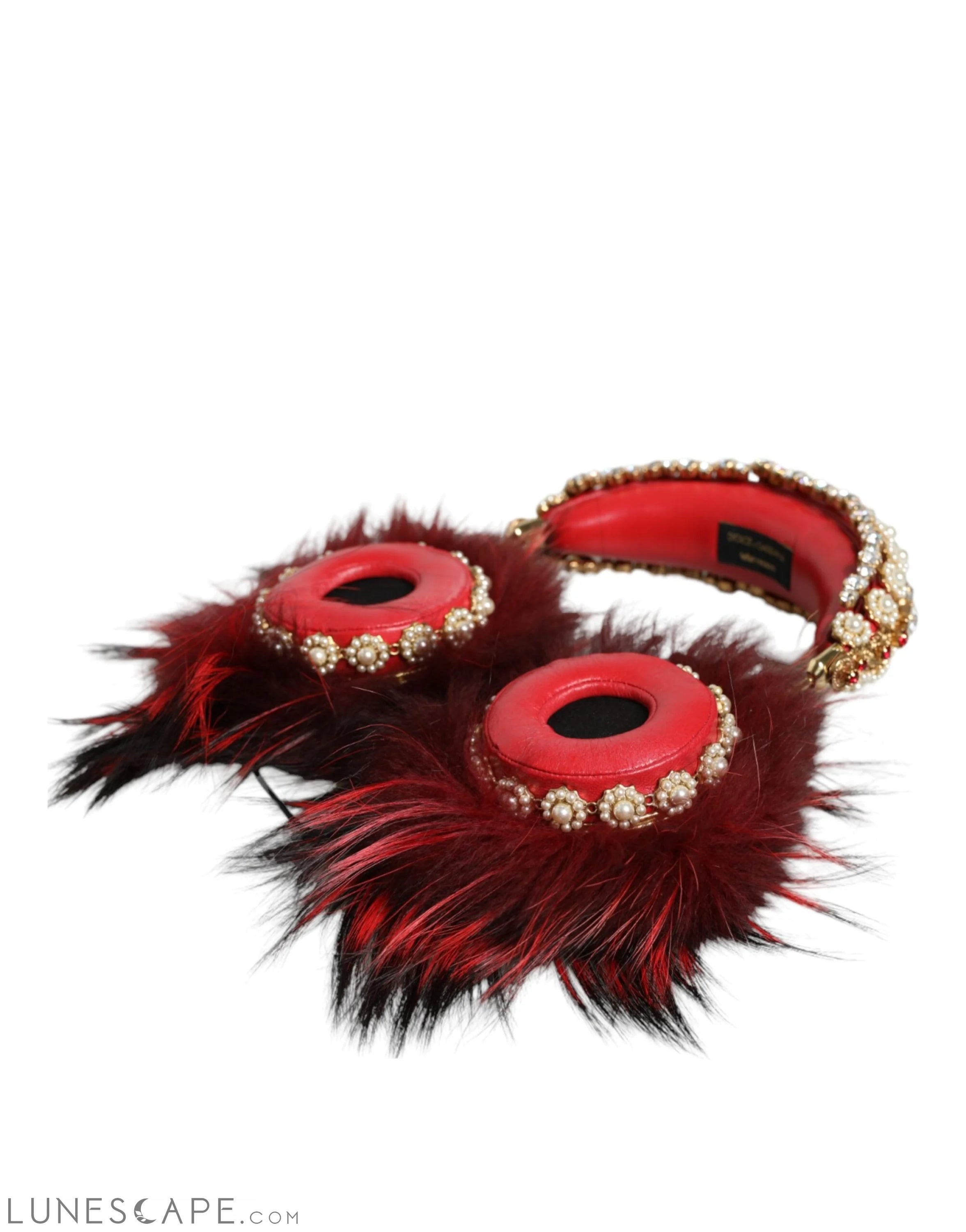 Dolce & Gabbana Red Gold Crystal Fur Headset Audio AUX Headphones LUNESCAPE