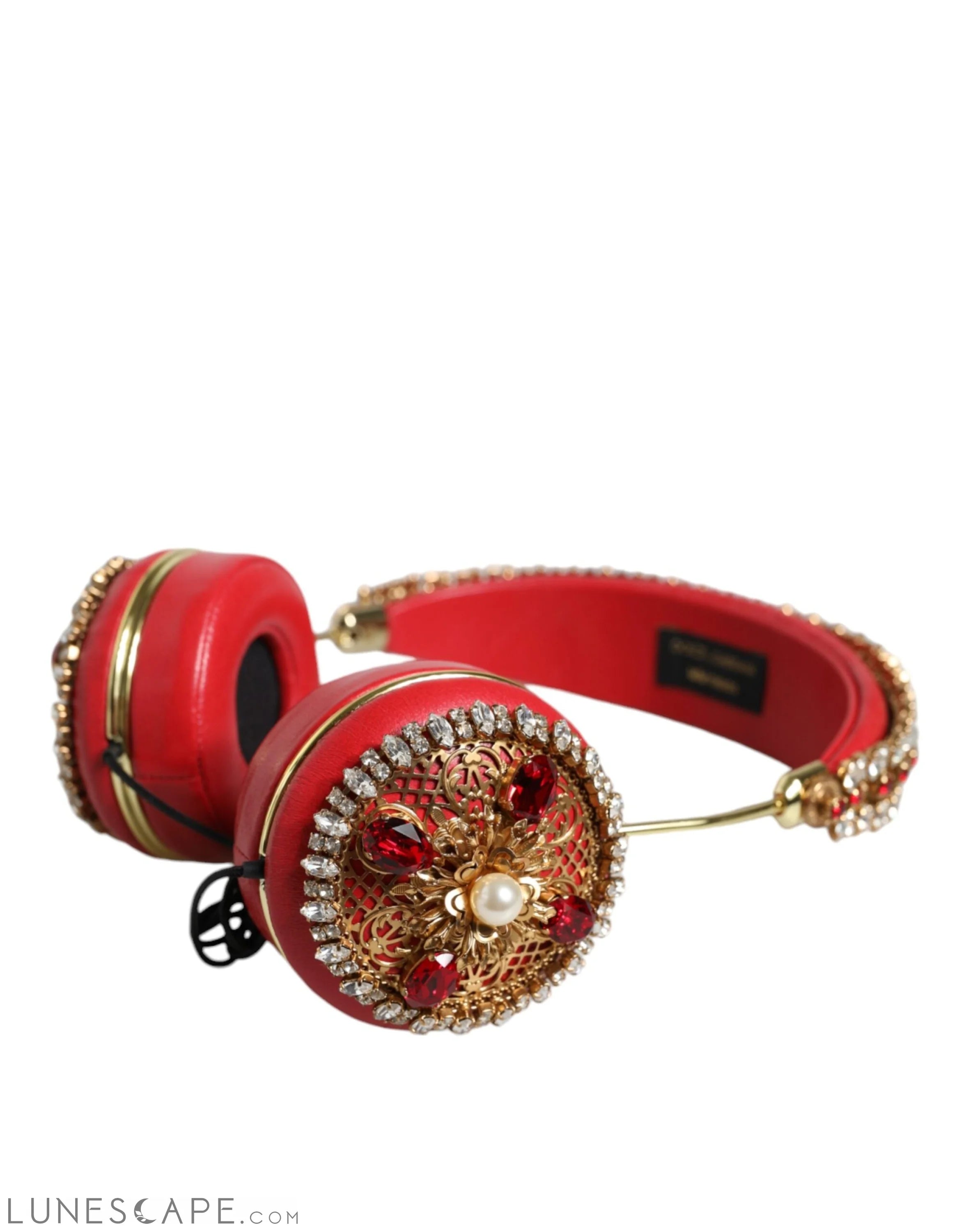 Dolce & Gabbana Red Nappa Leather Floral Crystal Headphone LUNESCAPE