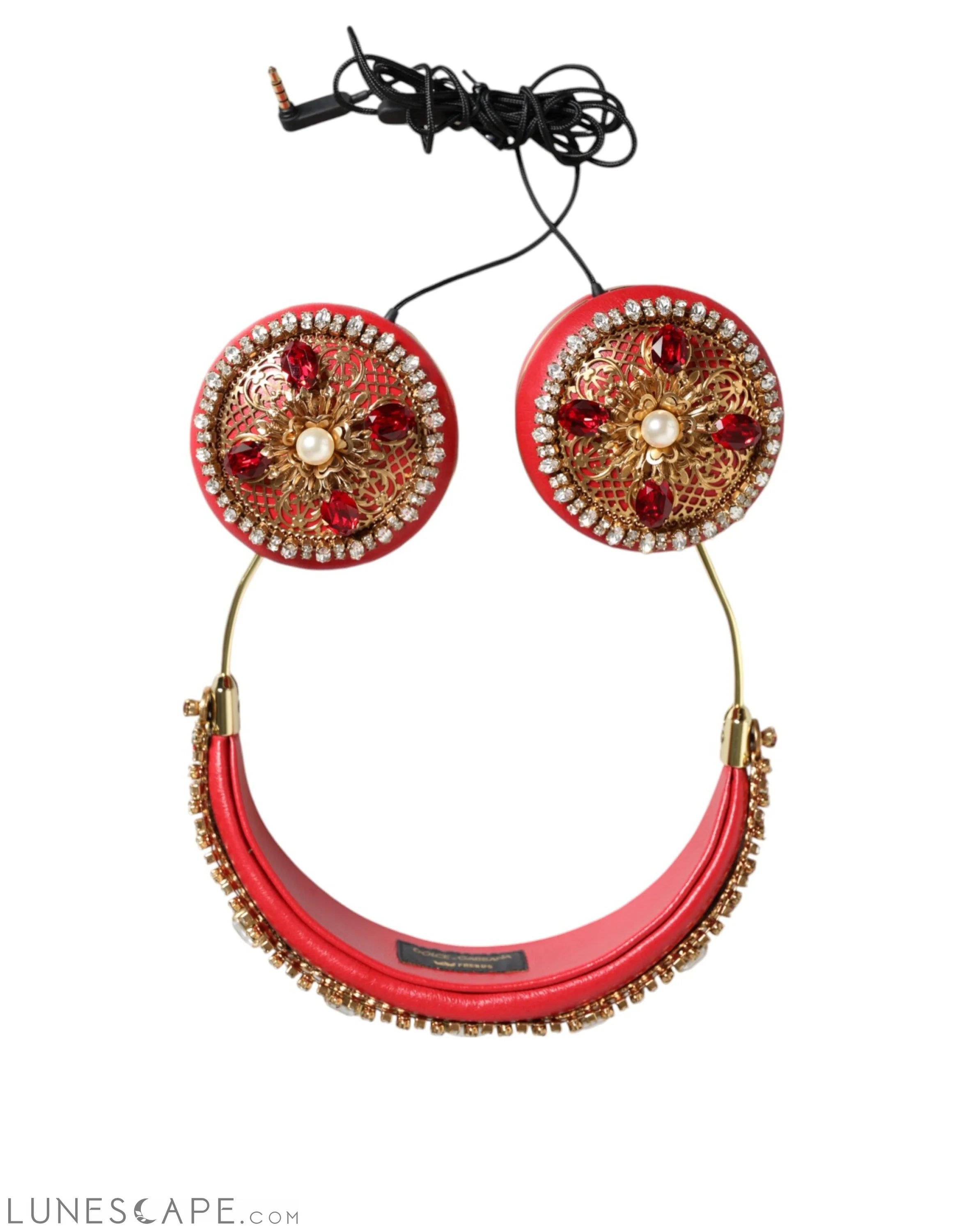 Dolce & Gabbana Red Nappa Leather Floral Crystal Headphone LUNESCAPE