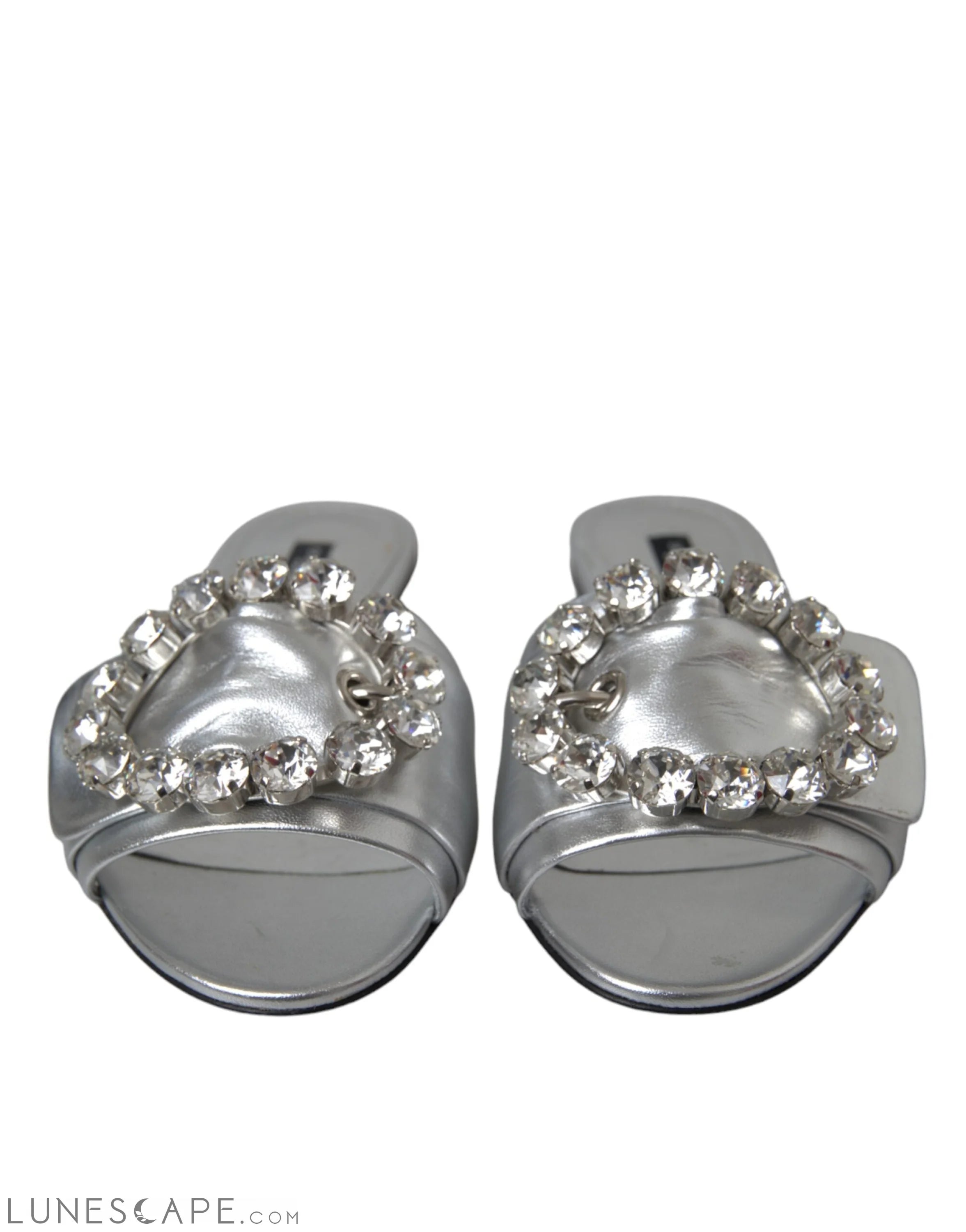 Dolce & Gabbana Silver Crystal Leather Flats Sandals Shoes LUNESCAPE