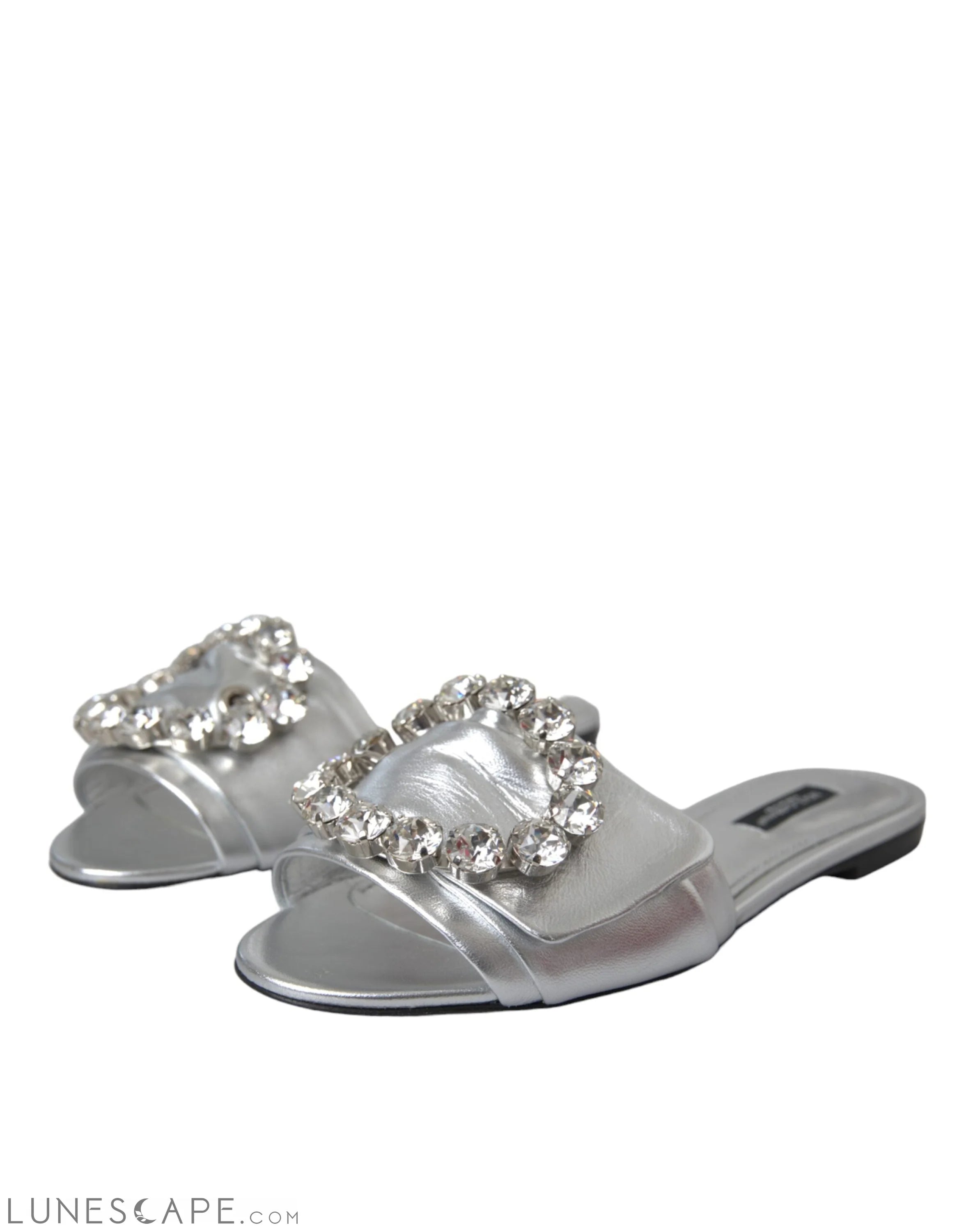 Dolce & Gabbana Silver Crystal Leather Flats Sandals Shoes LUNESCAPE