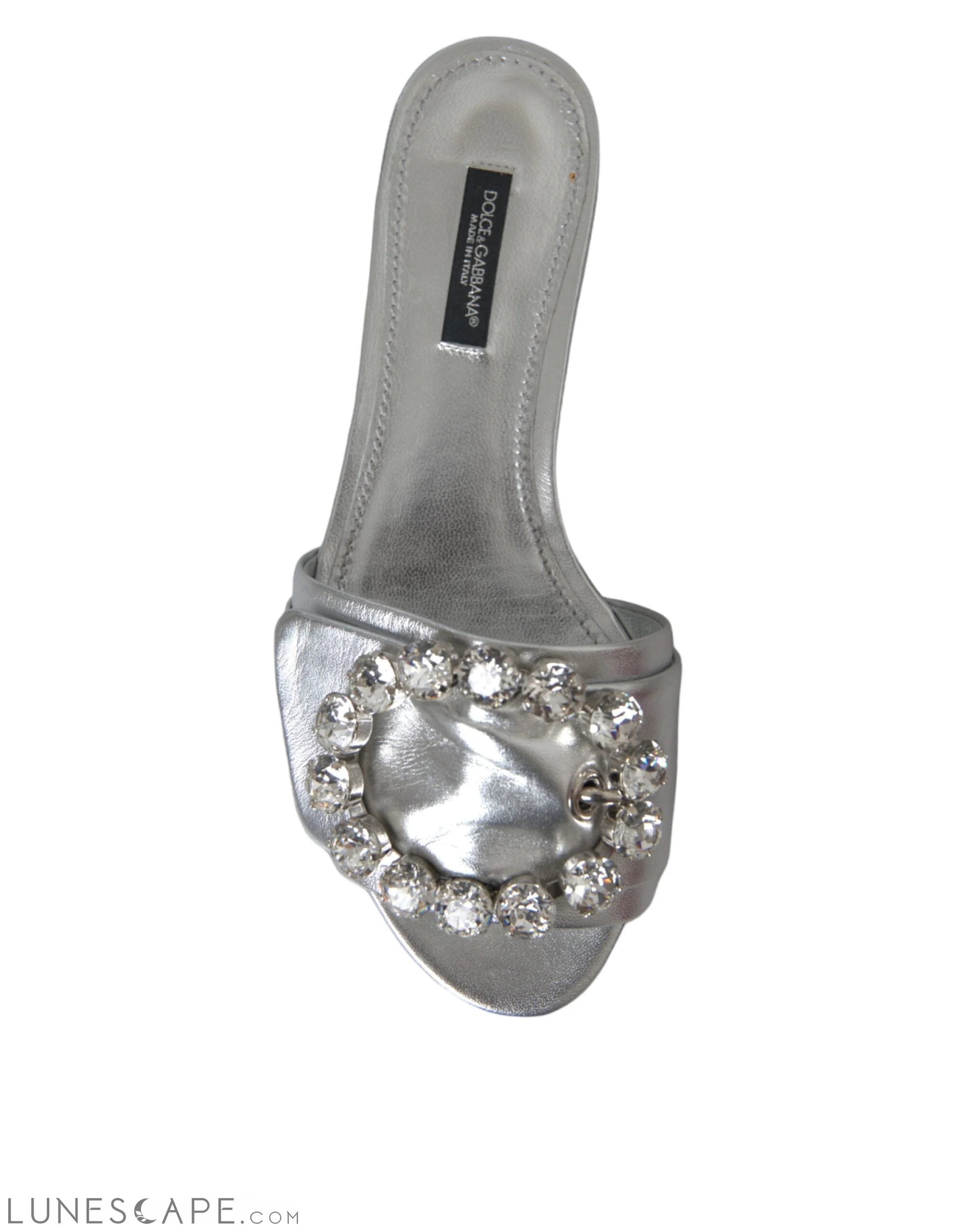 Dolce & Gabbana Silver Crystal Leather Flats Sandals Shoes LUNESCAPE