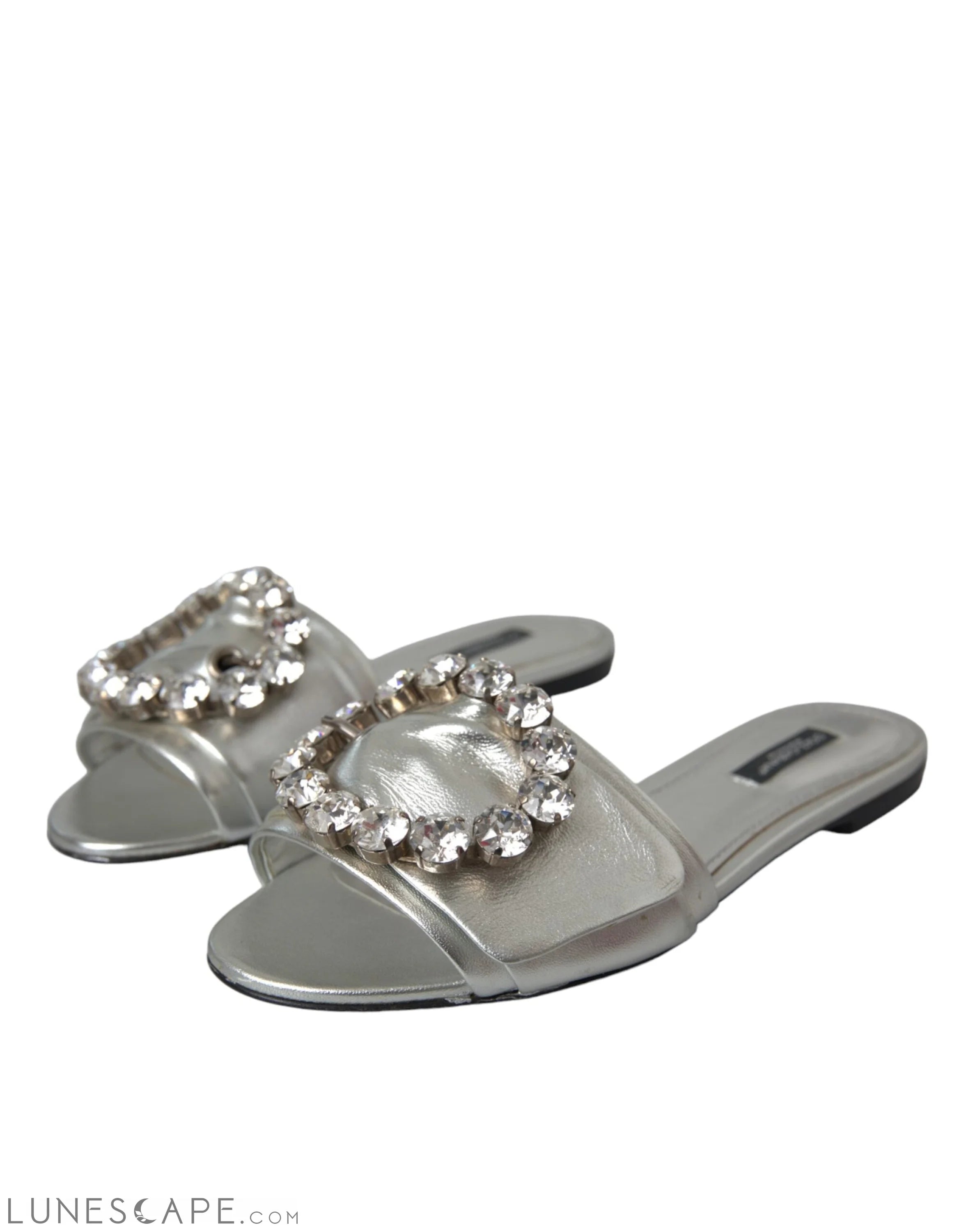 Dolce & Gabbana Silver Crystal Leather Flats Sandals Shoes LUNESCAPE