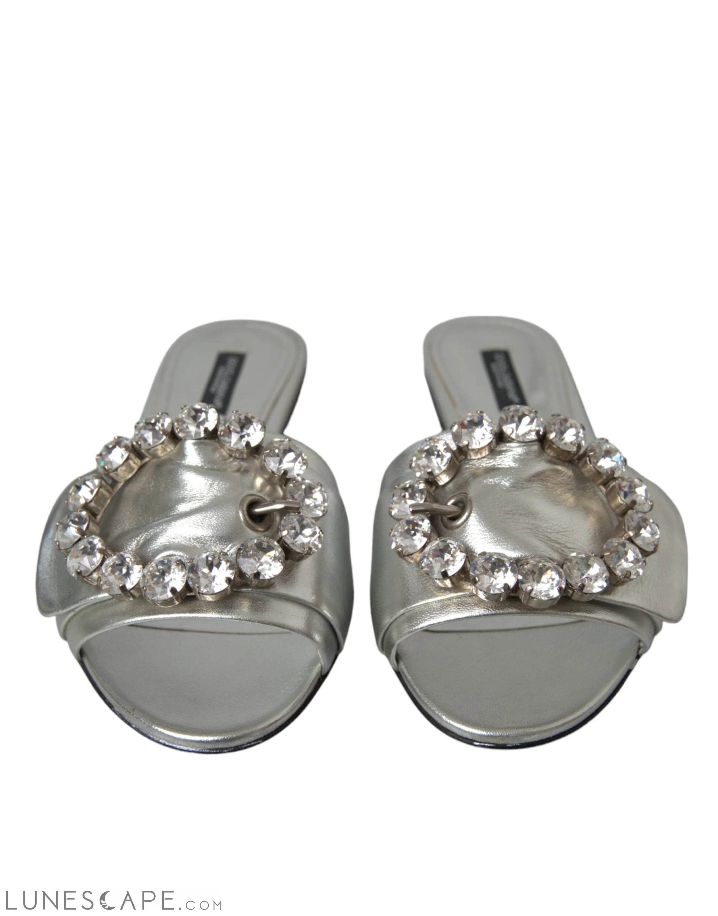 Dolce & Gabbana Silver Crystal Leather Flats Sandals Shoes LUNESCAPE