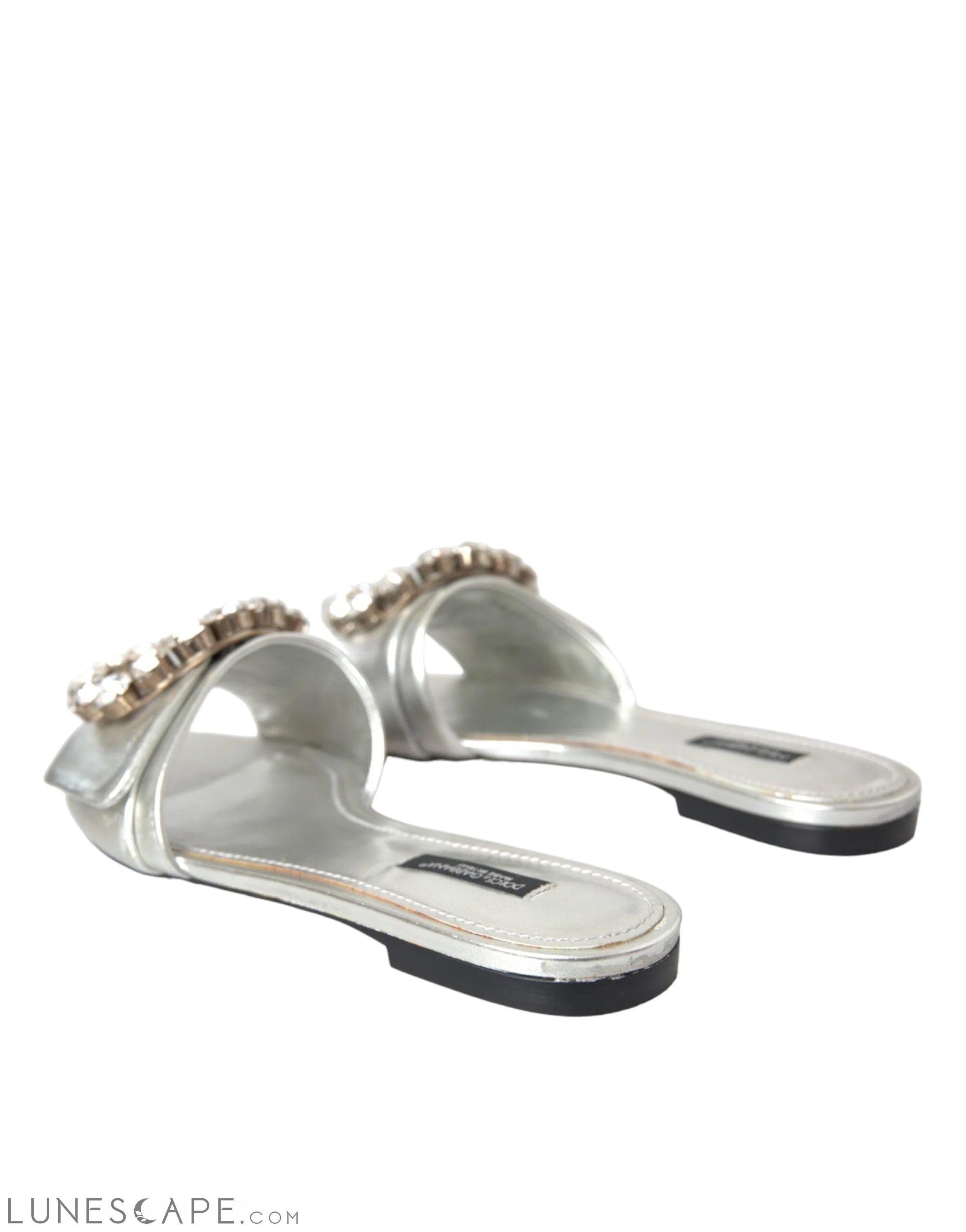 Dolce & Gabbana Silver Crystal Leather Flats Sandals Shoes LUNESCAPE