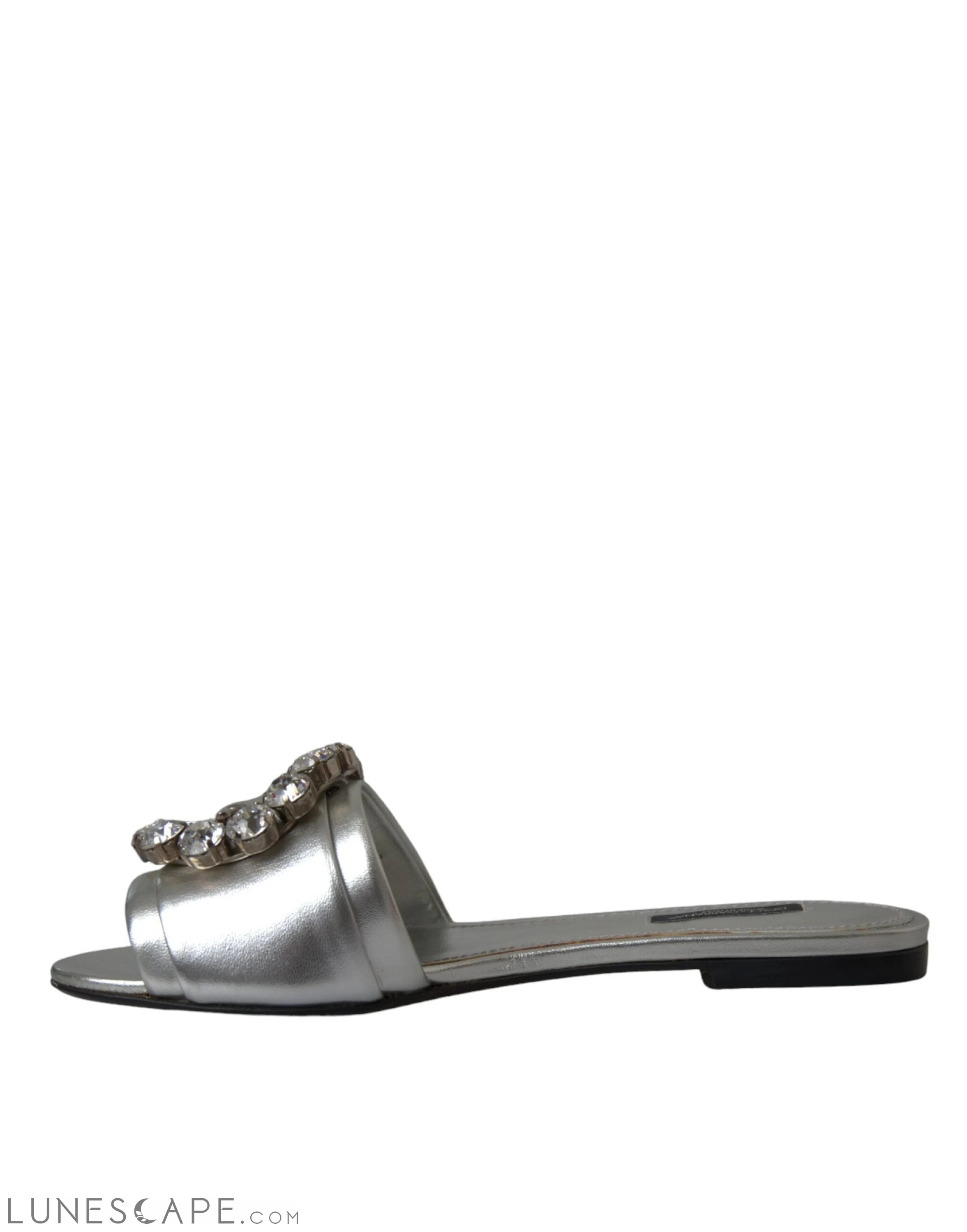 Dolce & Gabbana Silver Crystal Leather Flats Sandals Shoes LUNESCAPE