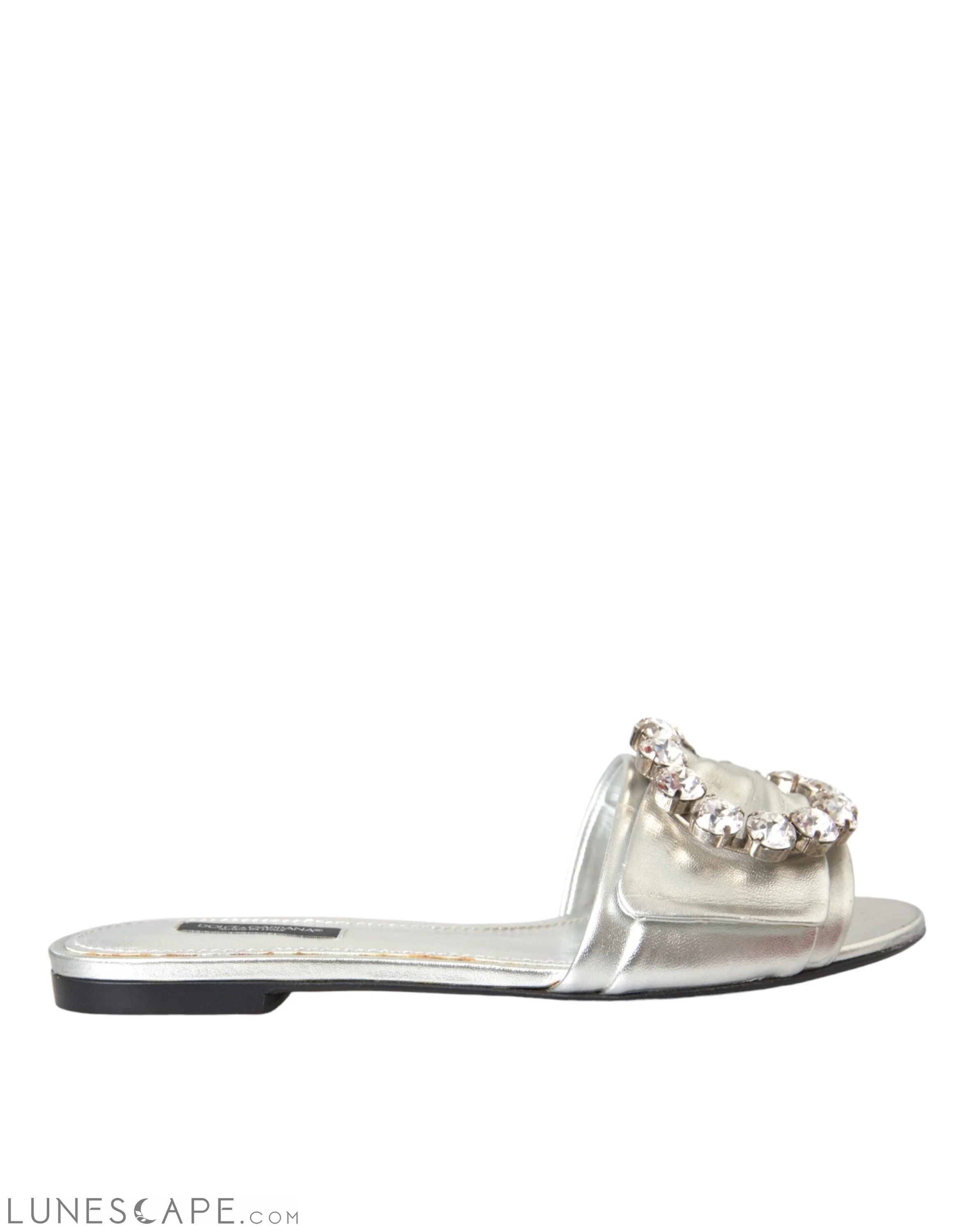 Dolce & Gabbana Silver Crystal Leather Flats Sandals Shoes LUNESCAPE