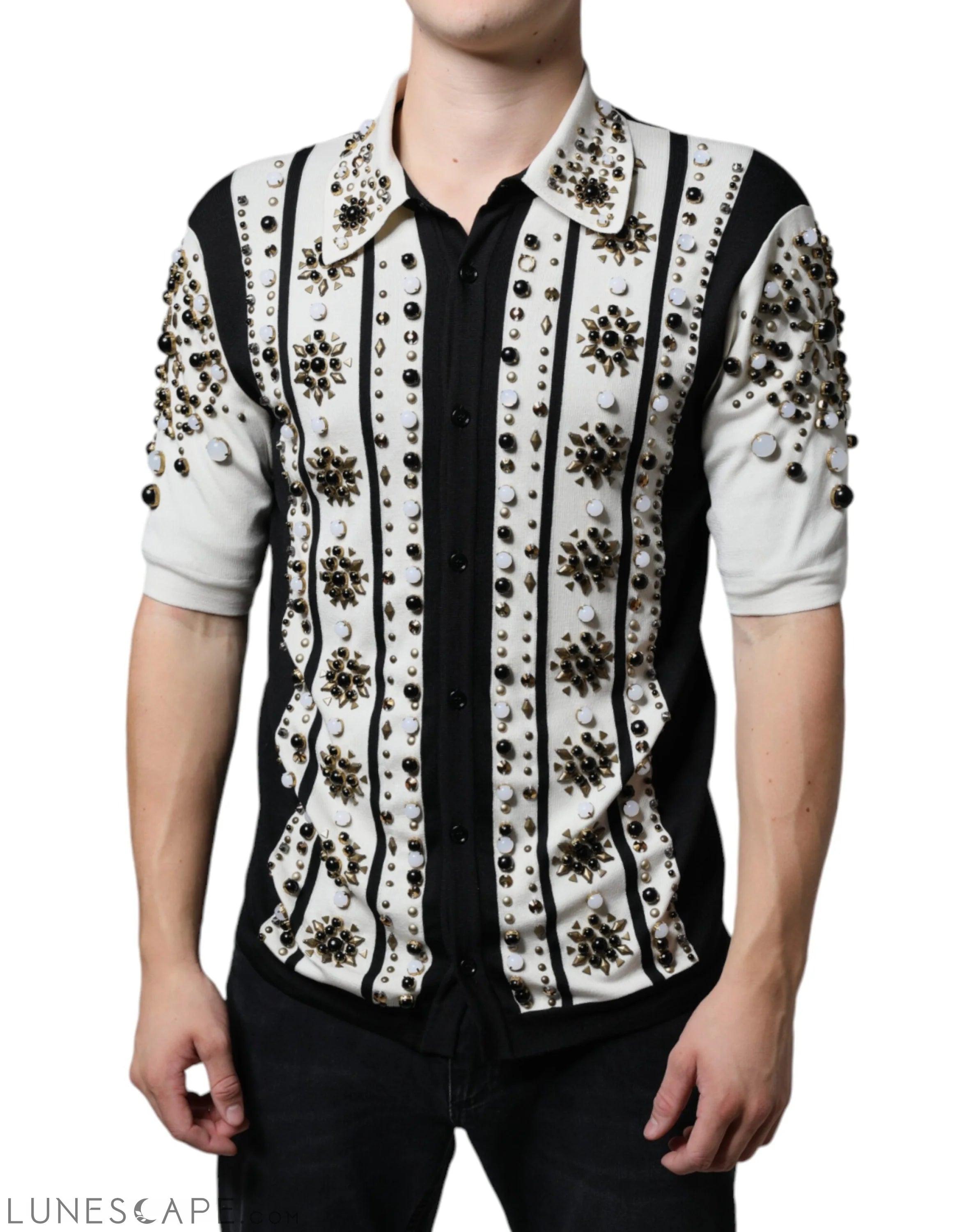 Dolce & Gabbana White Black Silk Studded Stone Crystal Shirt LUNESCAPE