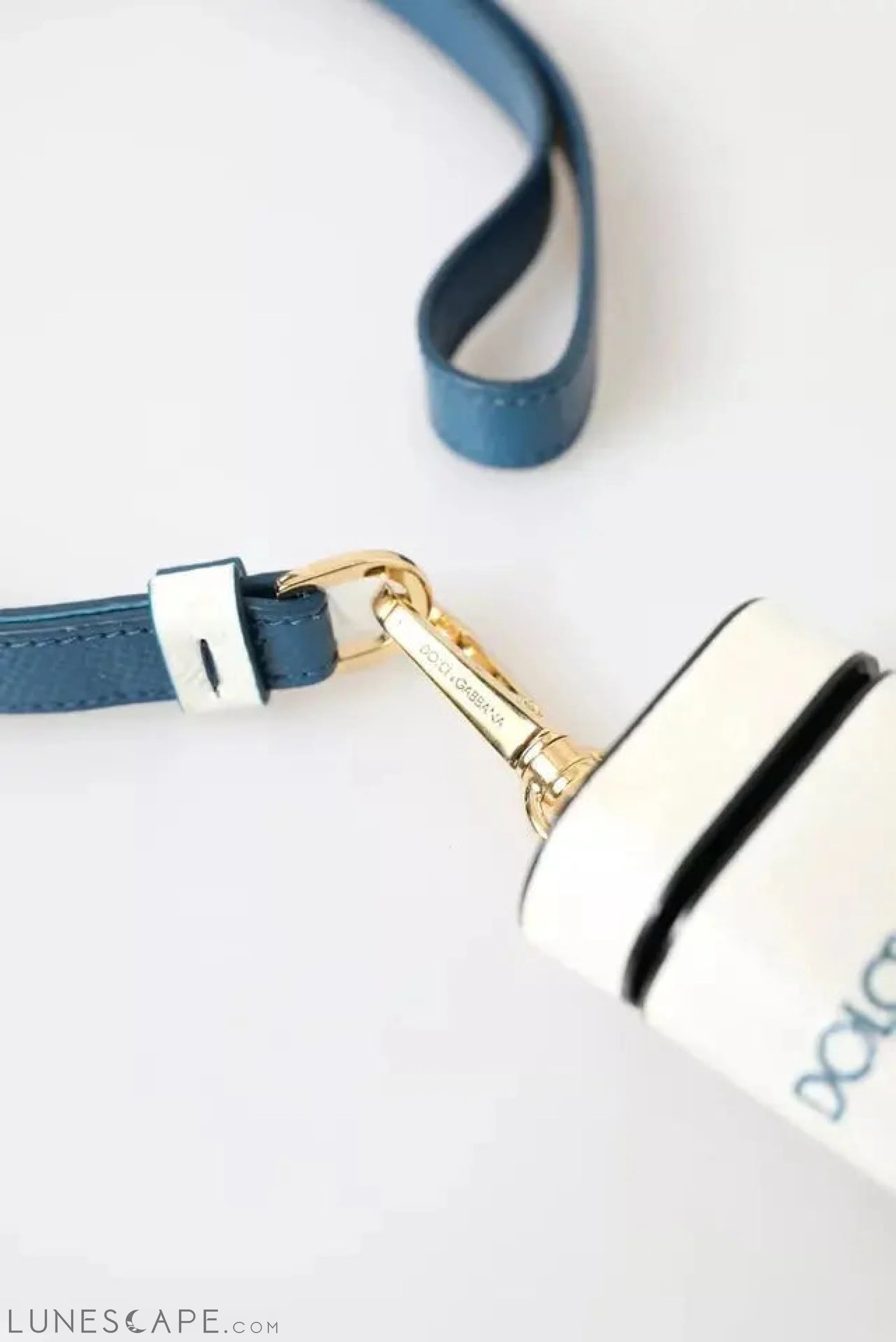 Dolce & Gabbana White Blue Calf Leather Logo Print Strap Airpods Case LUNESCAPE