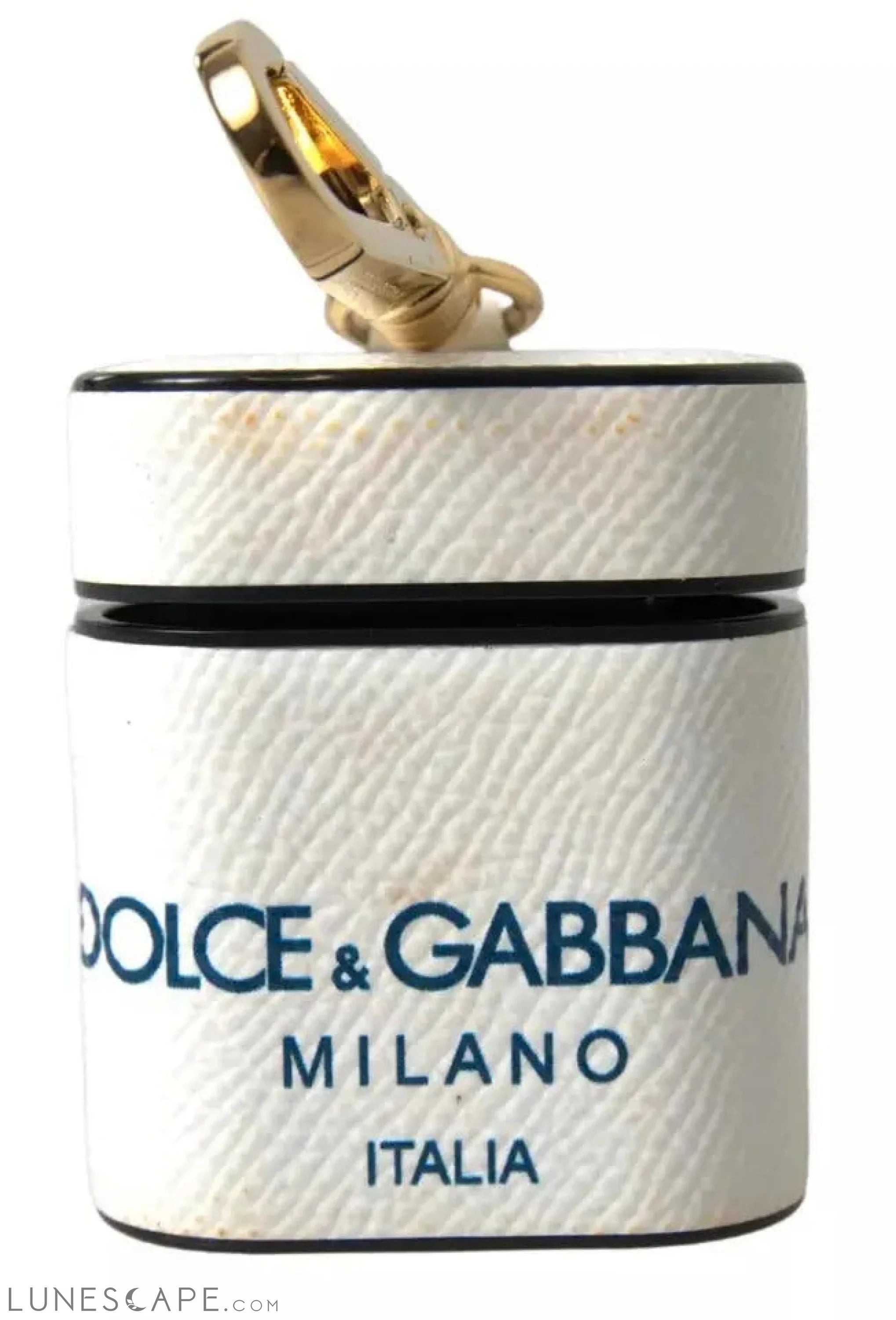 Dolce & Gabbana White Blue Calf Leather Logo Print Strap Airpods Case LUNESCAPE