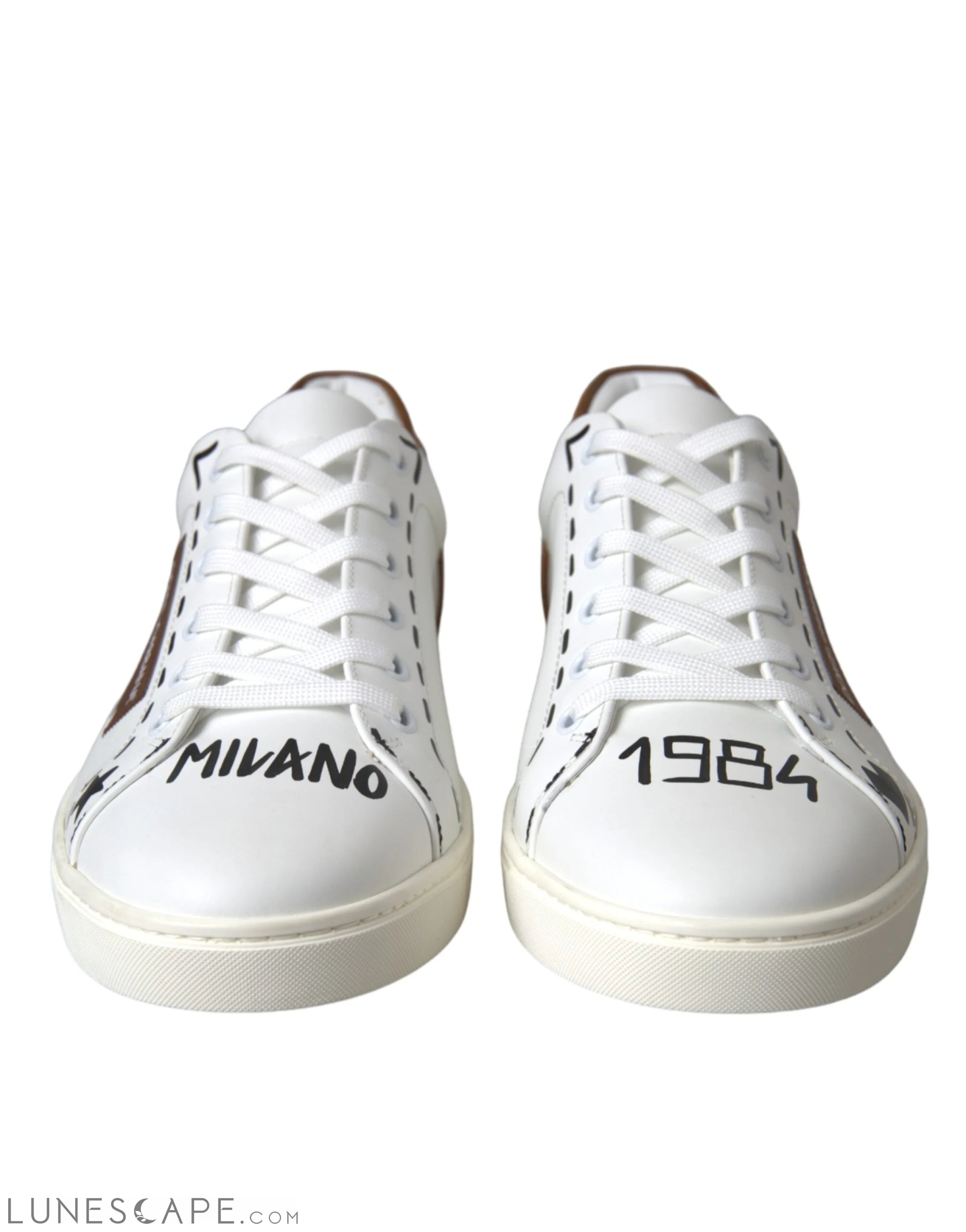 Dolce & Gabbana White Brown Leather Logo Low Top Sneakers Shoes LUNESCAPE