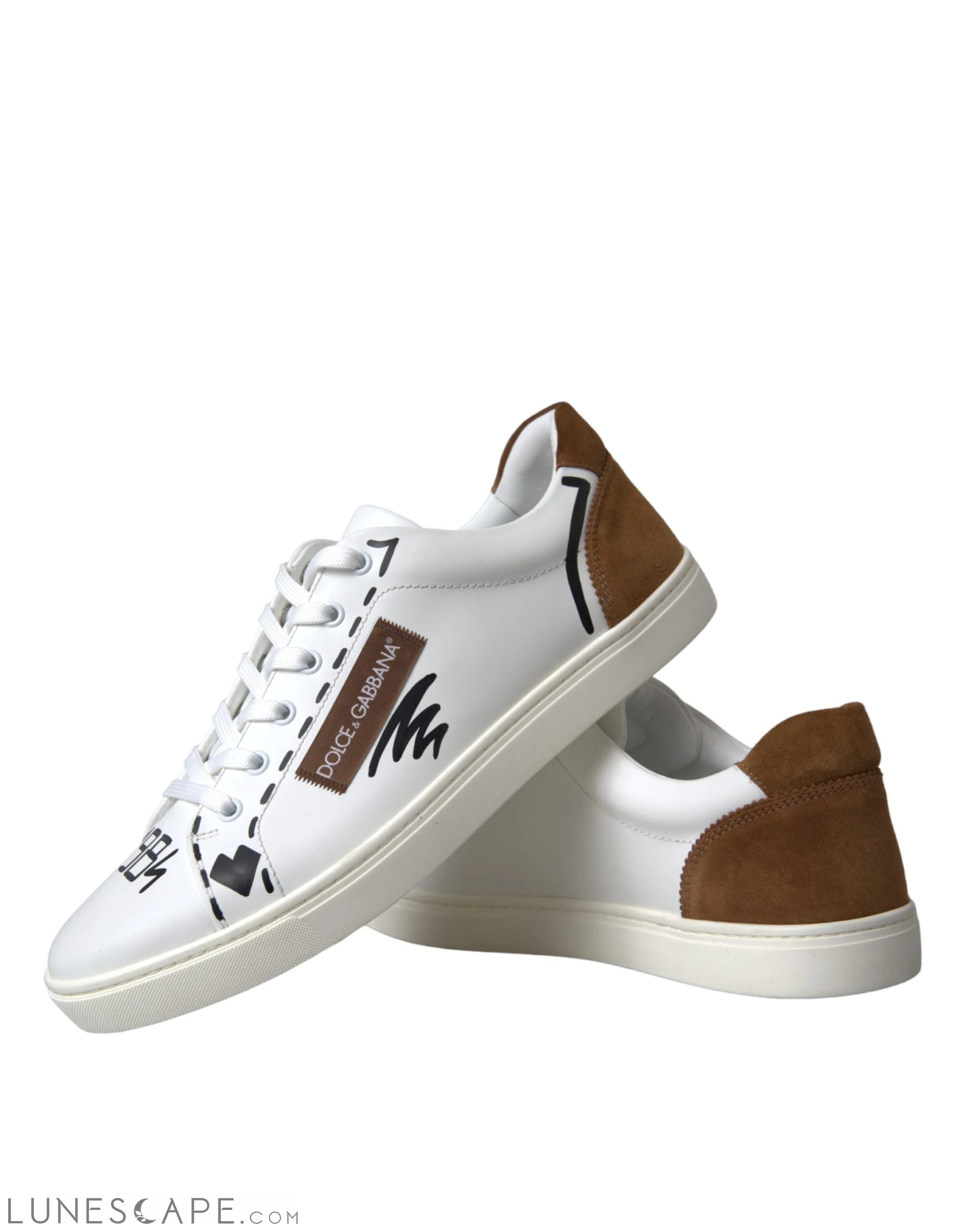 Dolce & Gabbana White Brown Leather Logo Low Top Sneakers Shoes LUNESCAPE