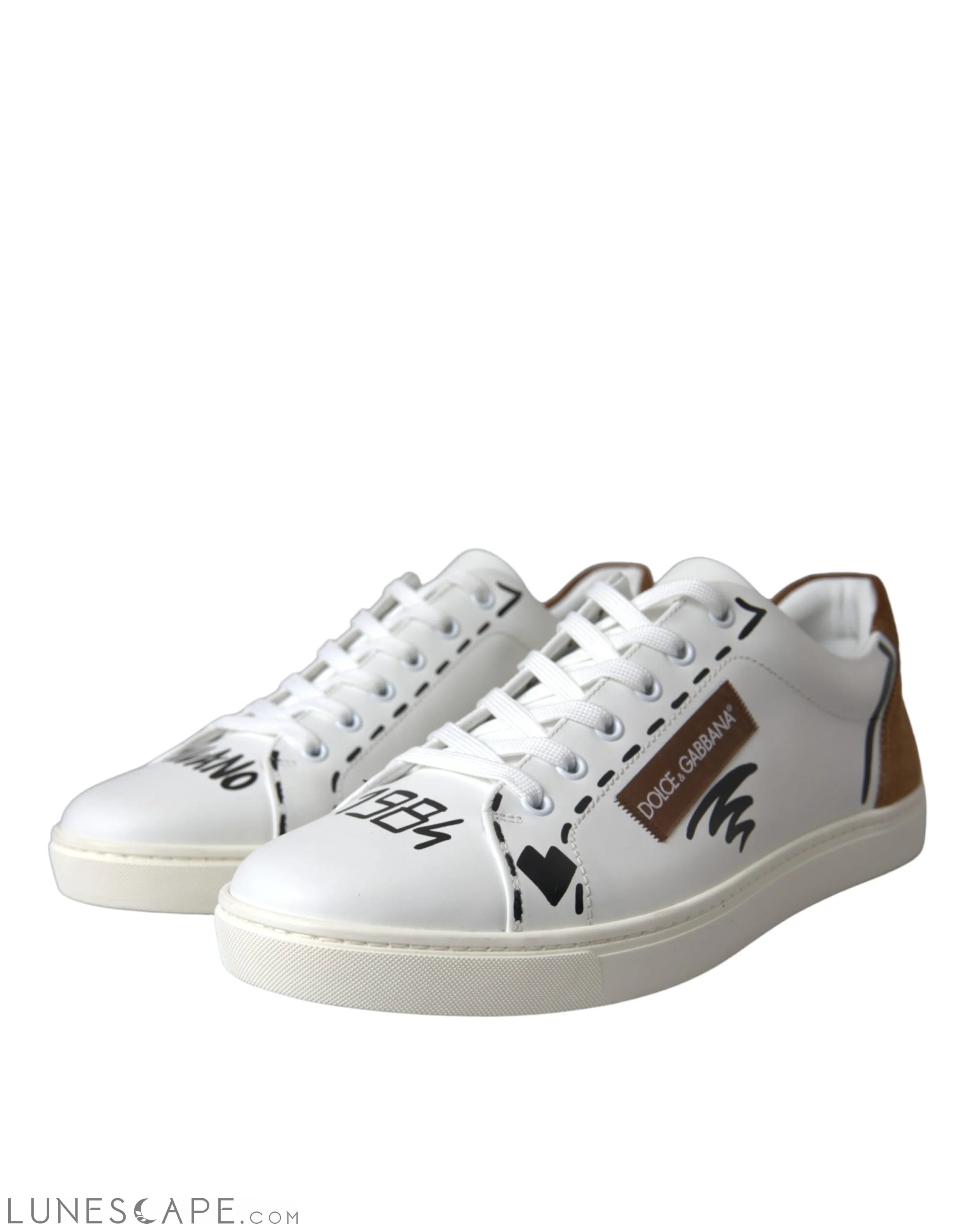 Dolce & Gabbana White Brown Leather Logo Low Top Sneakers Shoes LUNESCAPE