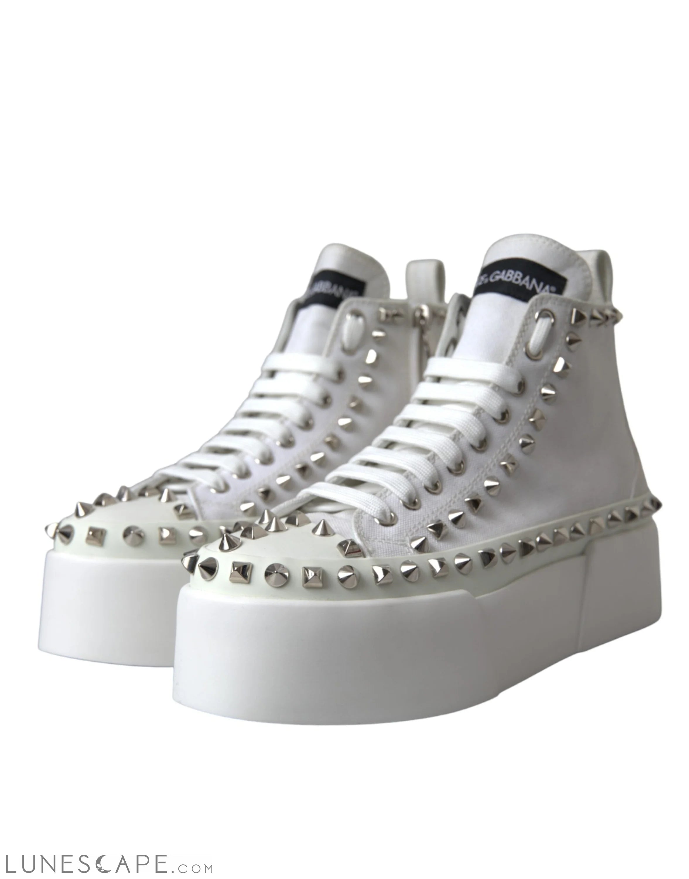 Dolce & Gabbana White Canvas Studded Sneakers Boots Shoes LUNESCAPE