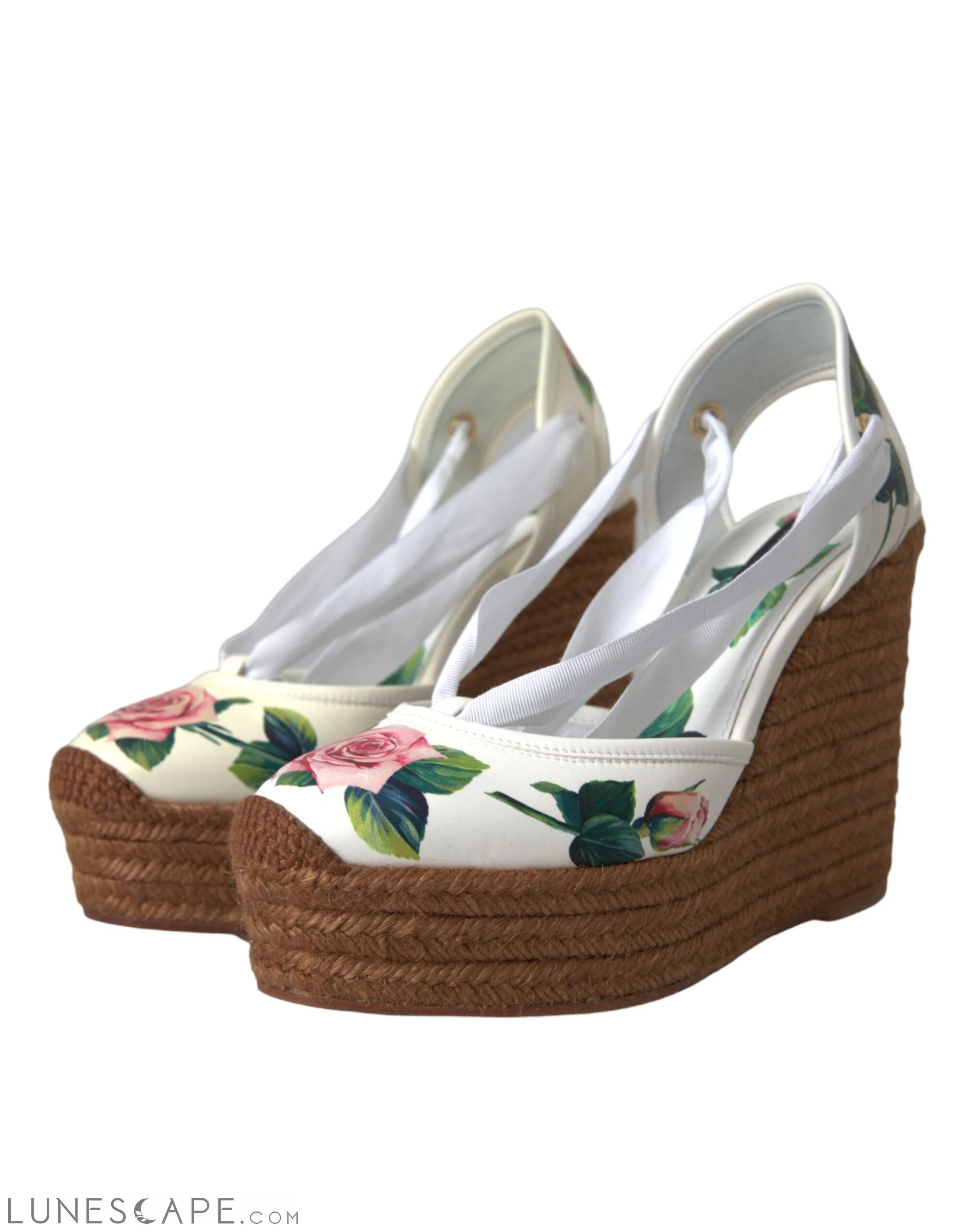 Dolce & Gabbana White Floral Wedge Heels Sandals Shoes LUNESCAPE