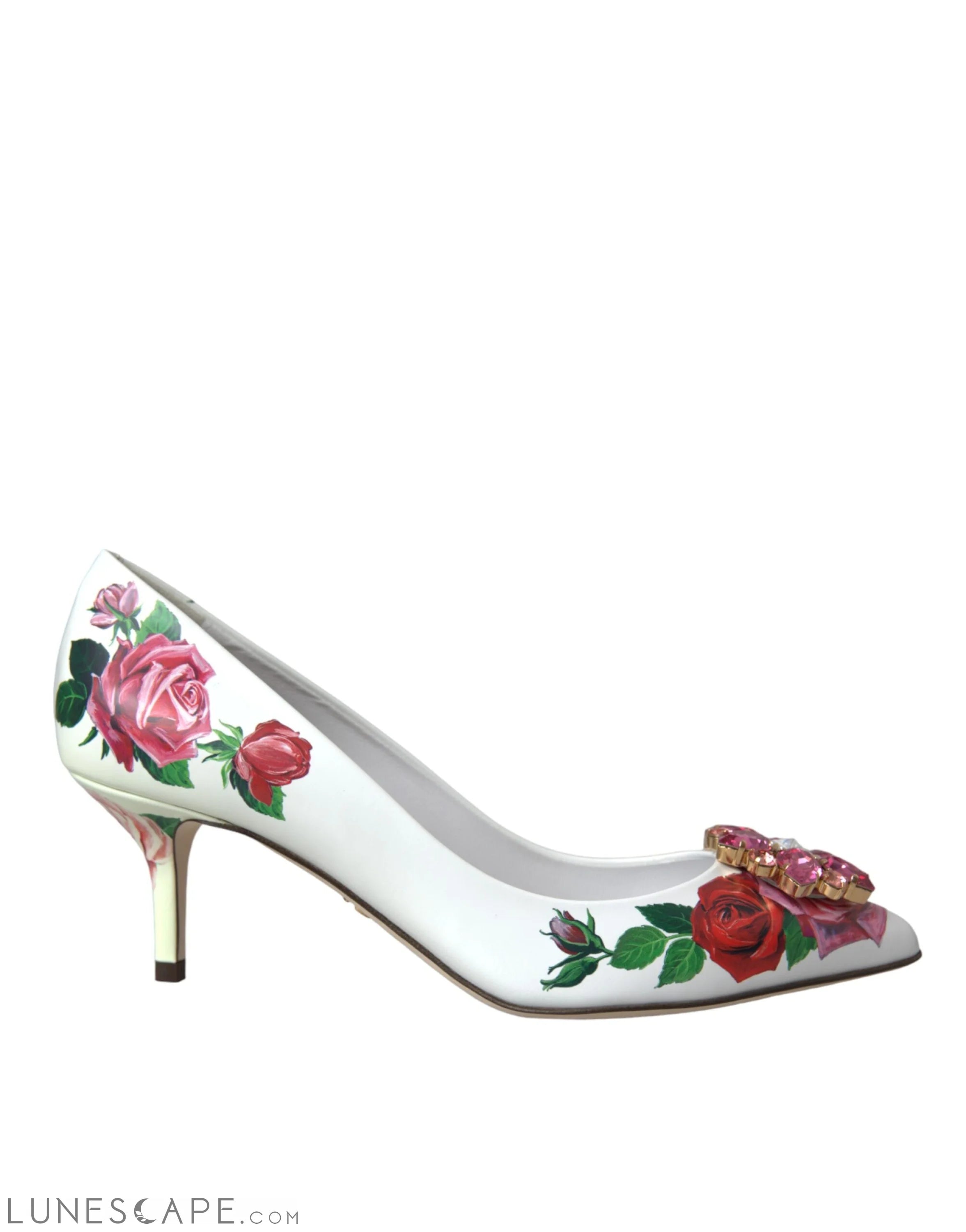 Dolce & Gabbana White Leather Roses Crystal Bellucci Pumps Shoes LUNESCAPE