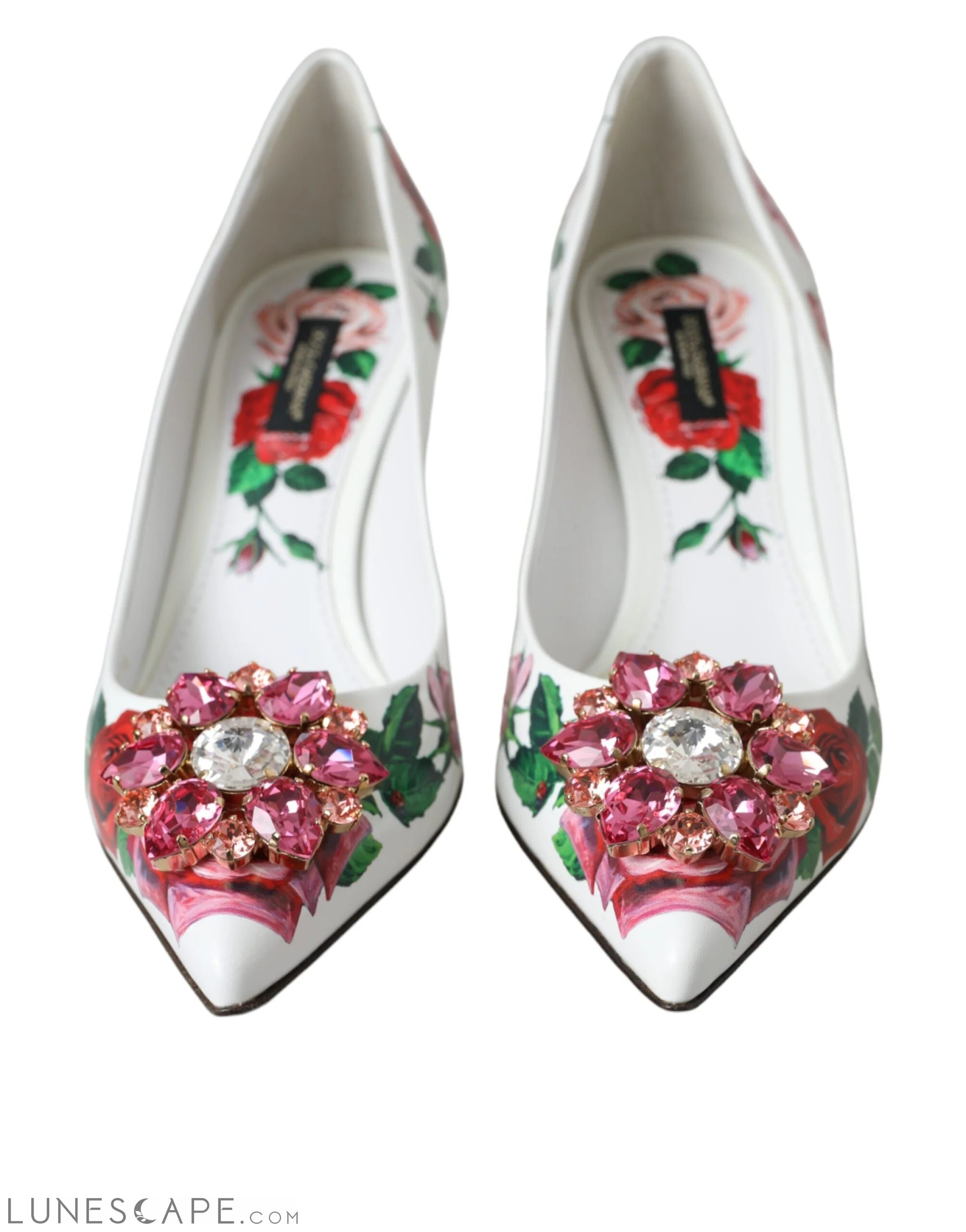 Dolce & Gabbana White Leather Roses Crystal Bellucci Pumps Shoes LUNESCAPE