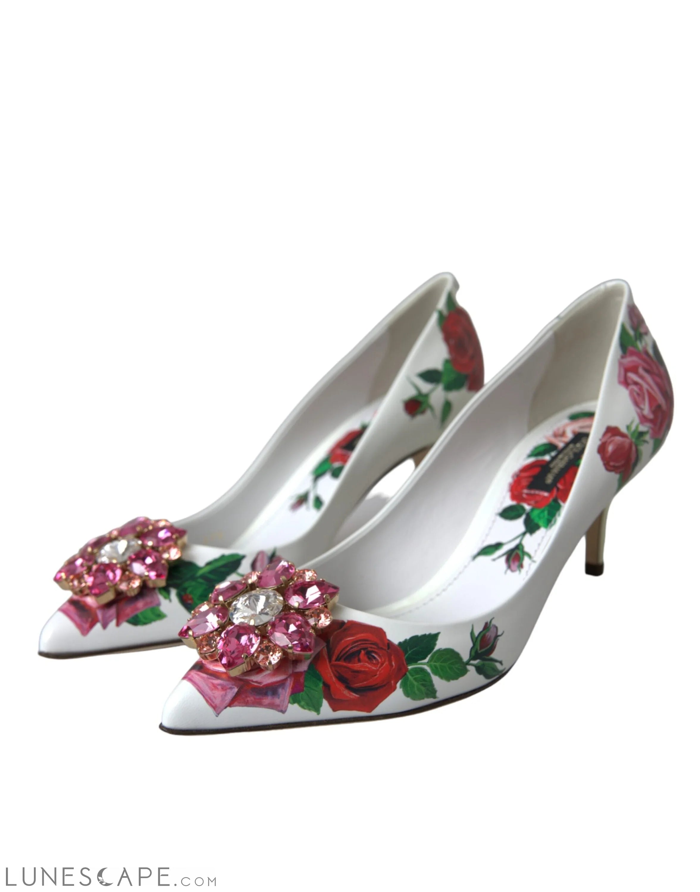 Dolce & Gabbana White Leather Roses Crystal Bellucci Pumps Shoes LUNESCAPE