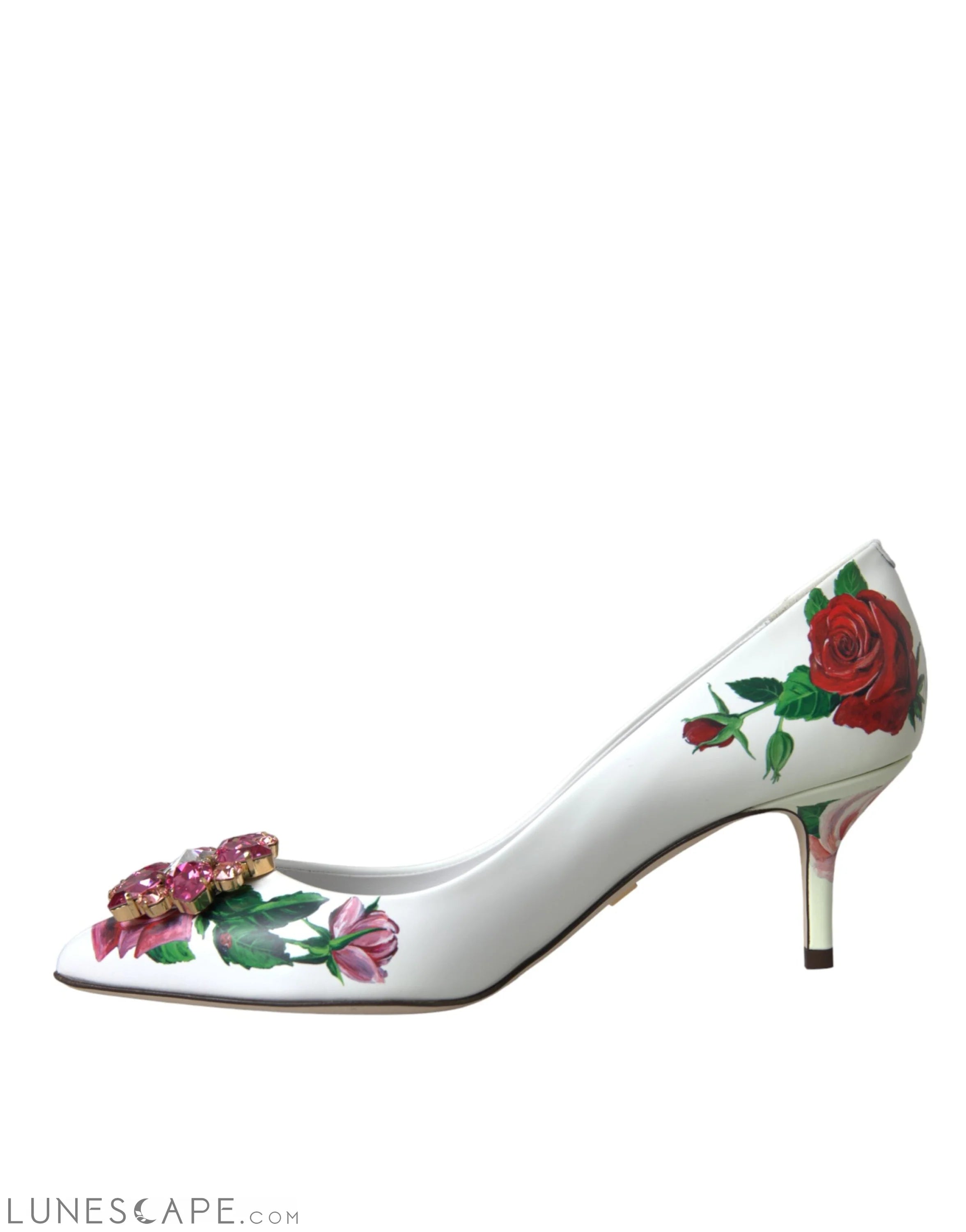 Dolce & Gabbana White Leather Roses Crystal Bellucci Pumps Shoes LUNESCAPE