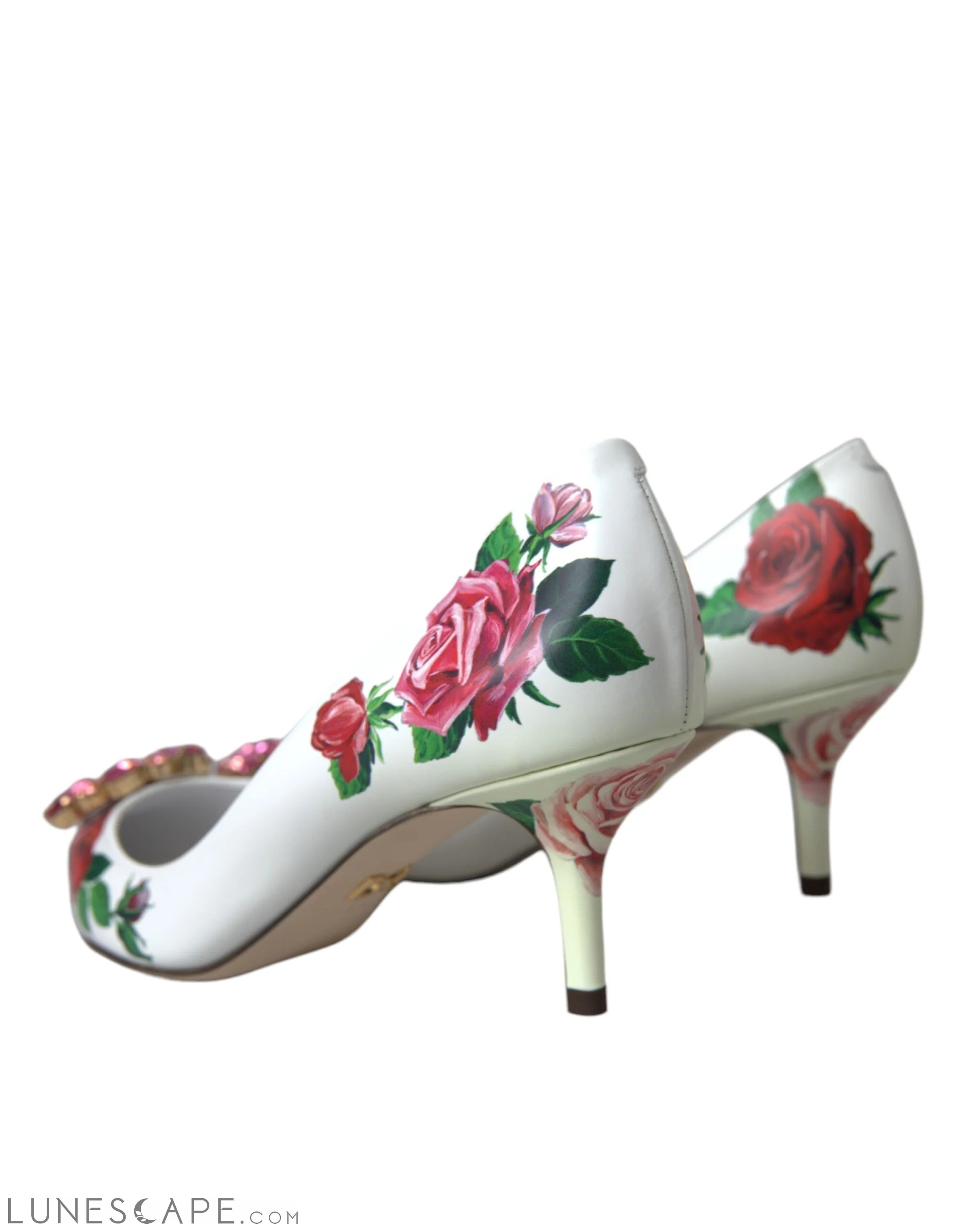 Dolce & Gabbana White Leather Roses Crystal Bellucci Pumps Shoes LUNESCAPE