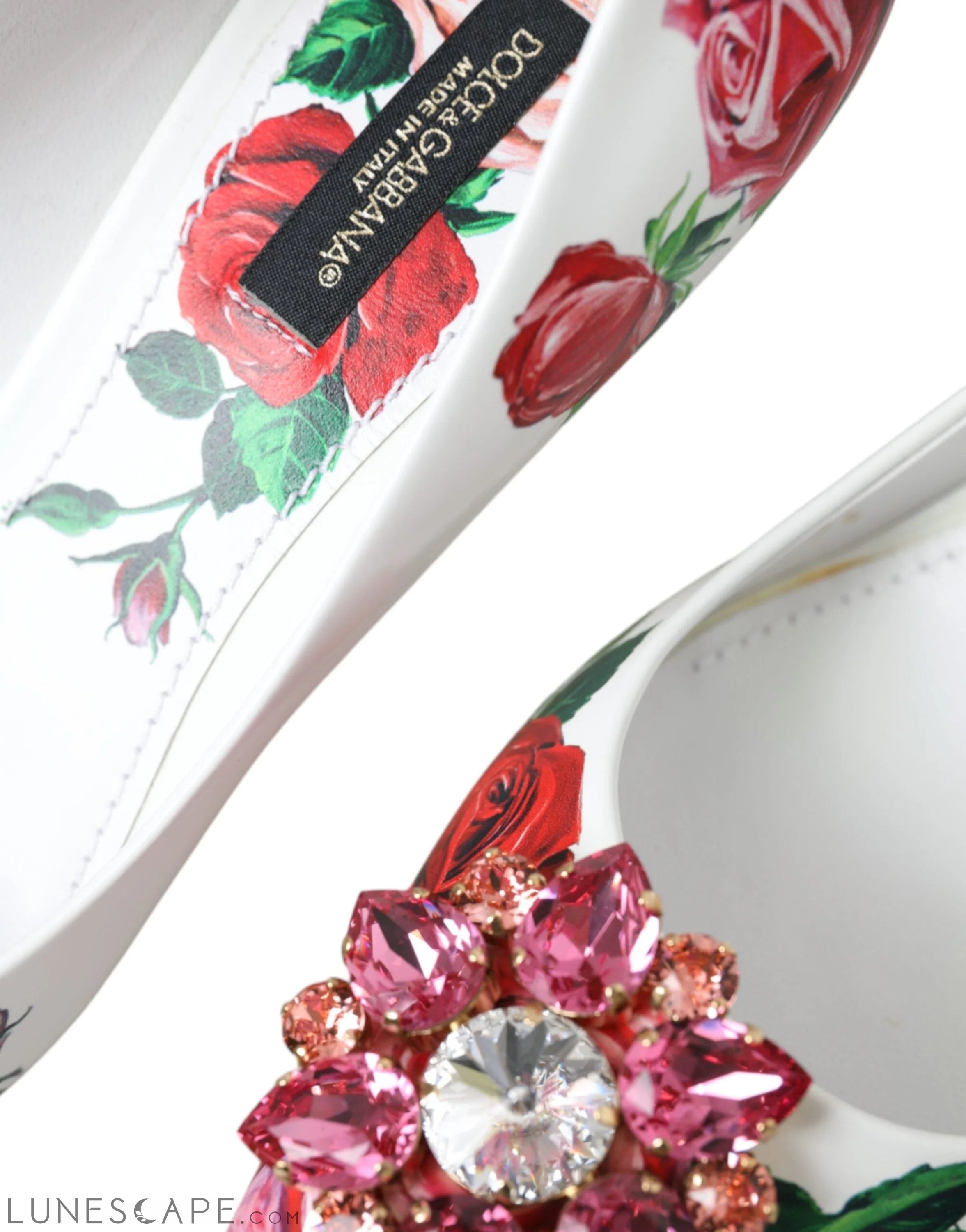 Dolce & Gabbana White Leather Roses Crystal Bellucci Pumps Shoes LUNESCAPE