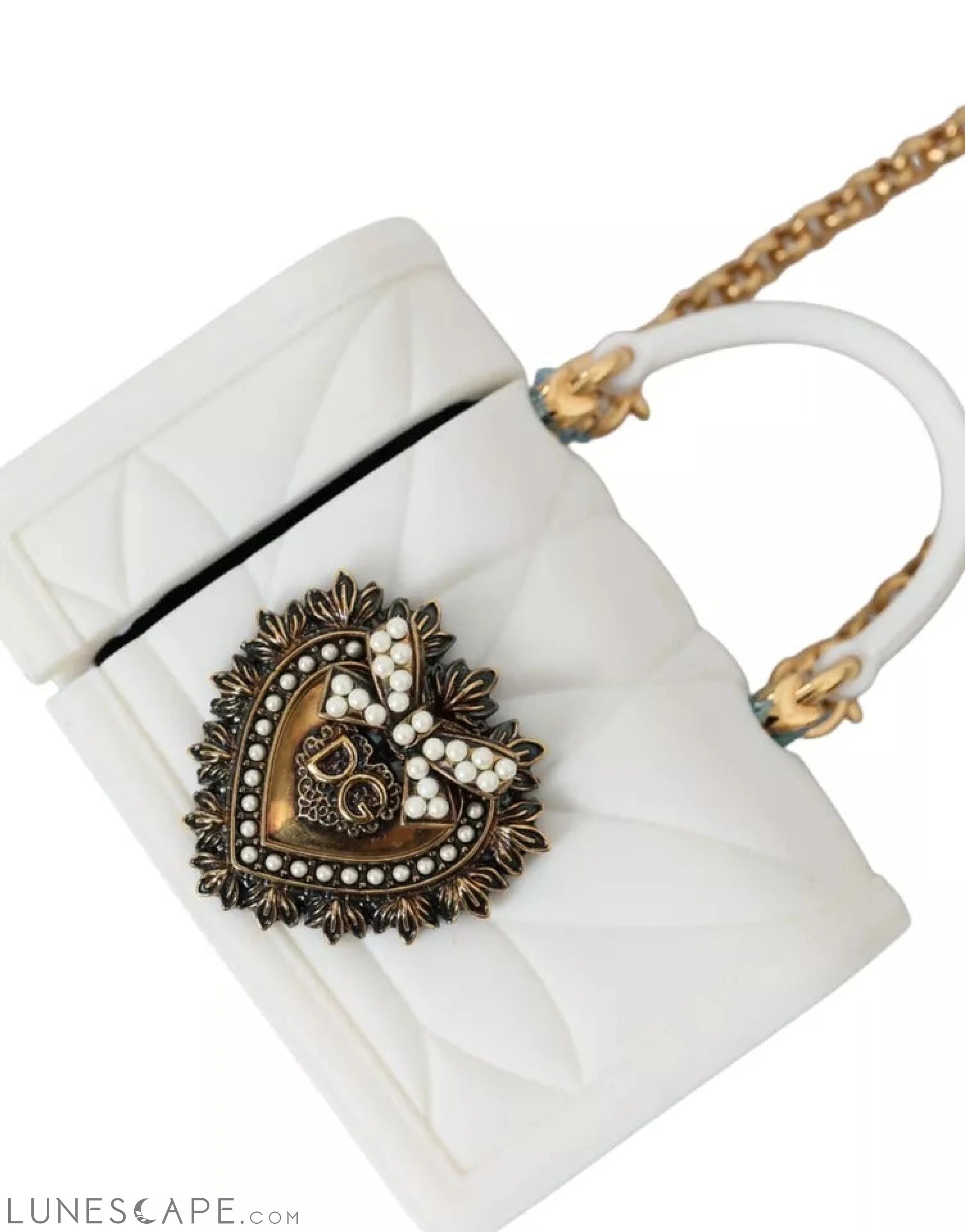 Dolce & Gabbana White Silicone Devotion Heart Bag Gold Chain Hand Airpods Case LUNESCAPE