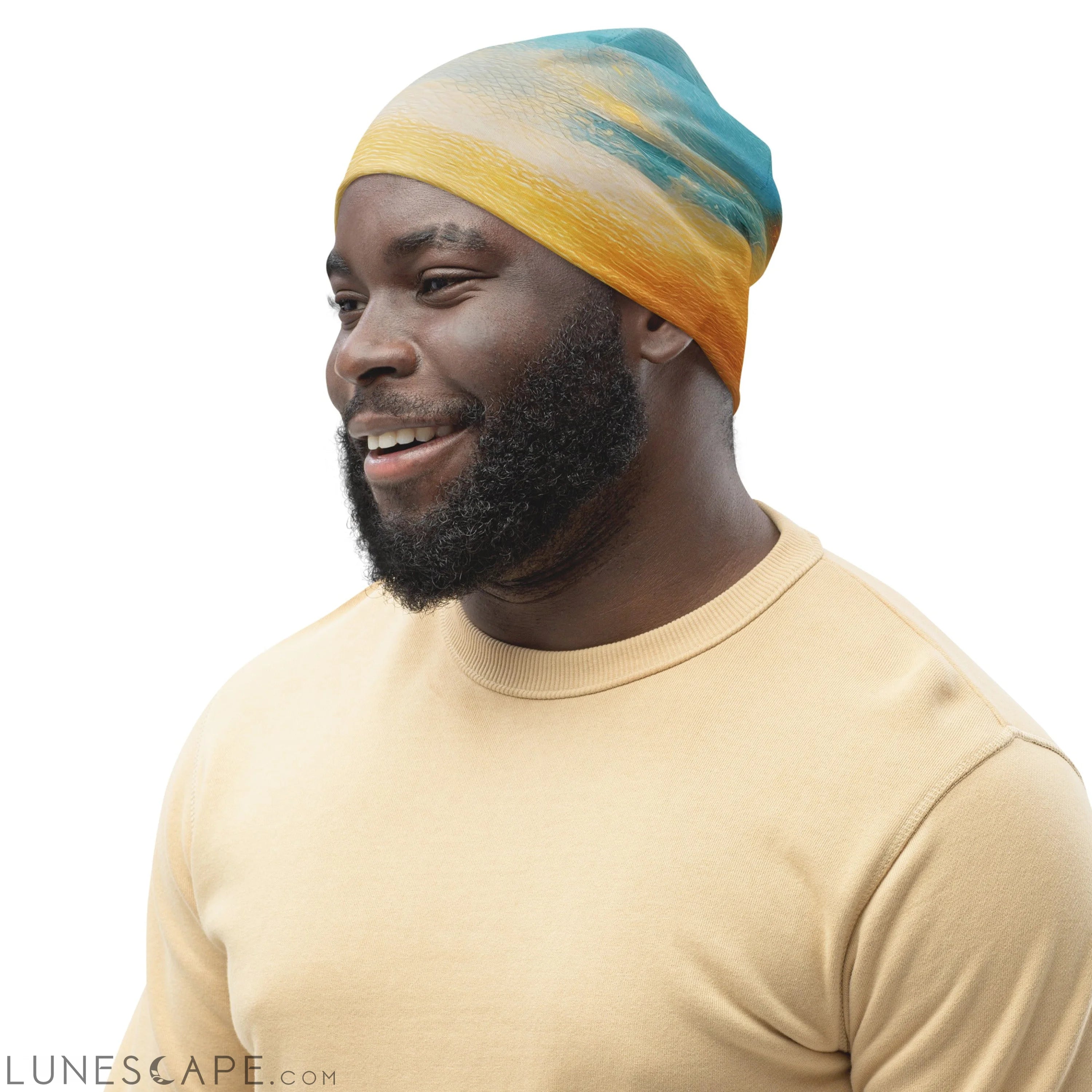 Double-layered Beanie Hat Blue Ocean Golden Sunset Print LUNESCAPE