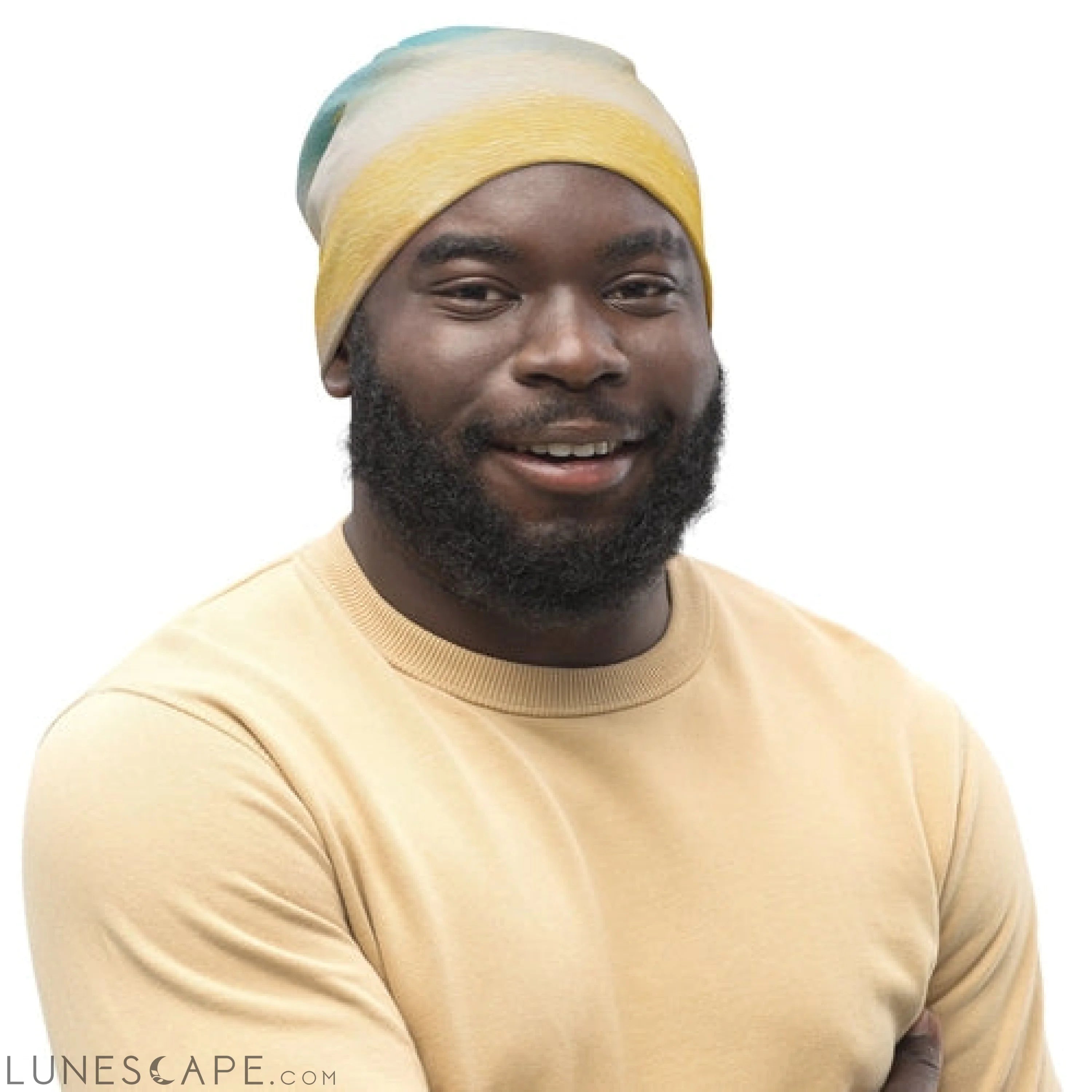 Double-layered Beanie Hat Blue Ocean Golden Sunset Print LUNESCAPE