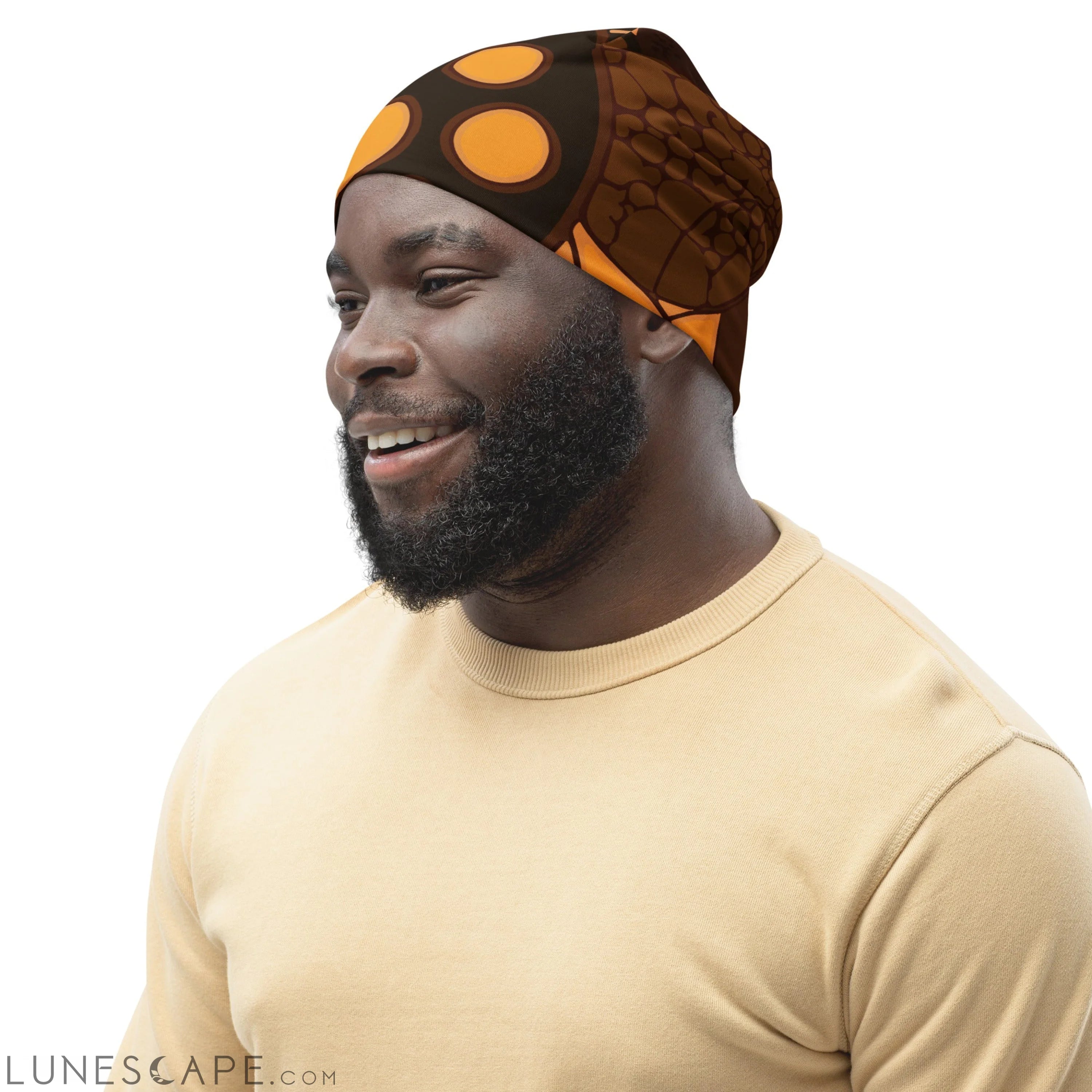 Double-layered Beanie Hat Orange Brown Spotted Print LUNESCAPE