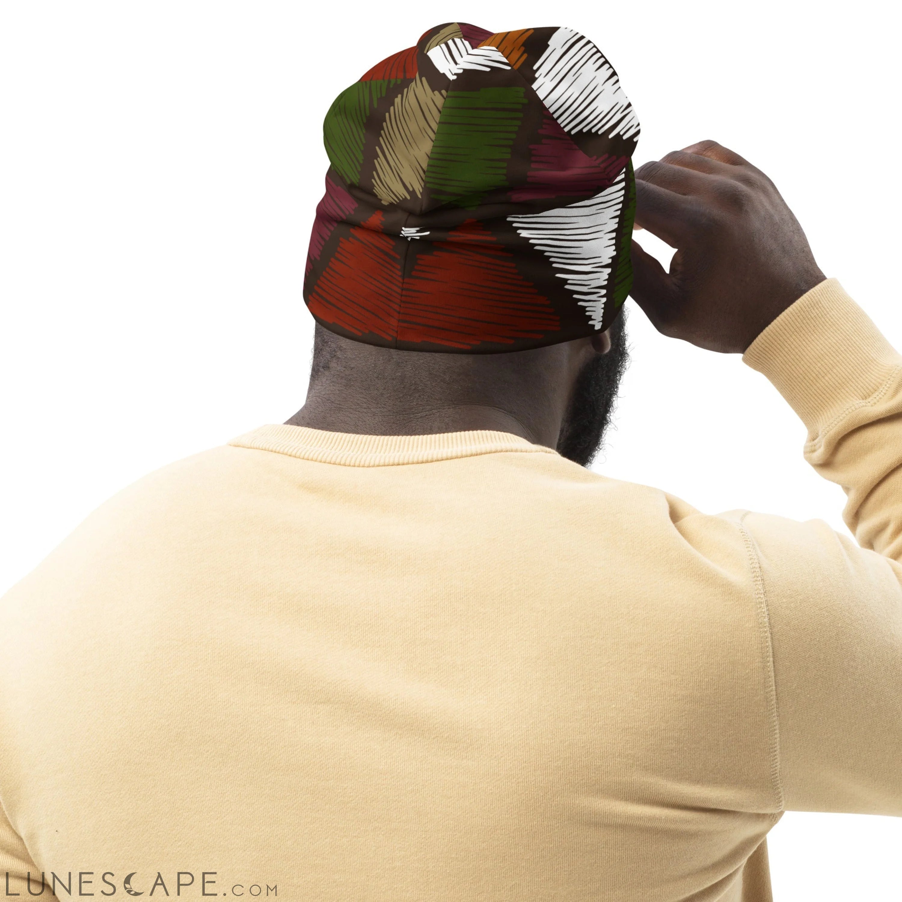 Double-layered Beanie Hat Red Green Geometric Lines LUNESCAPE
