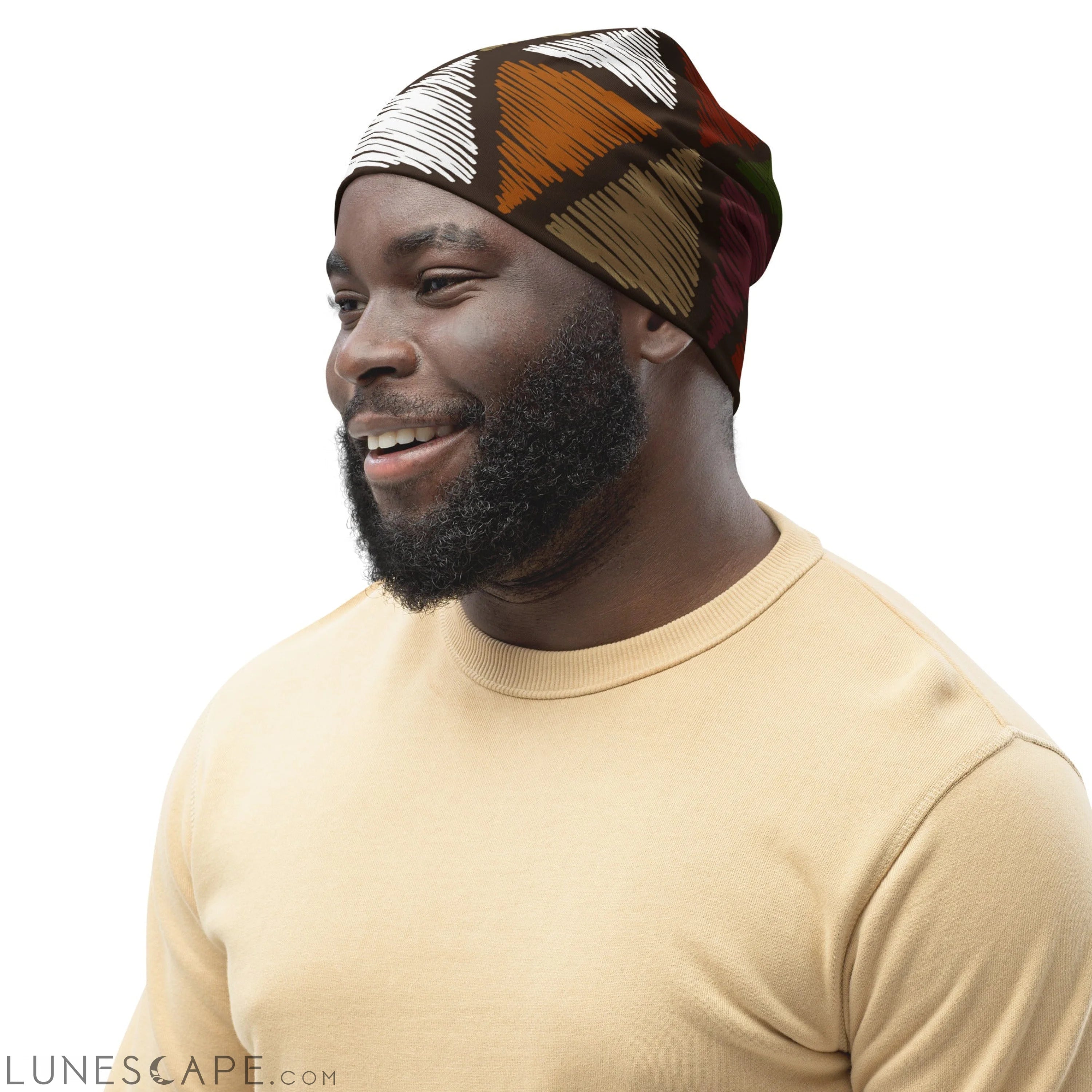 Double-layered Beanie Hat Red Green Geometric Lines LUNESCAPE