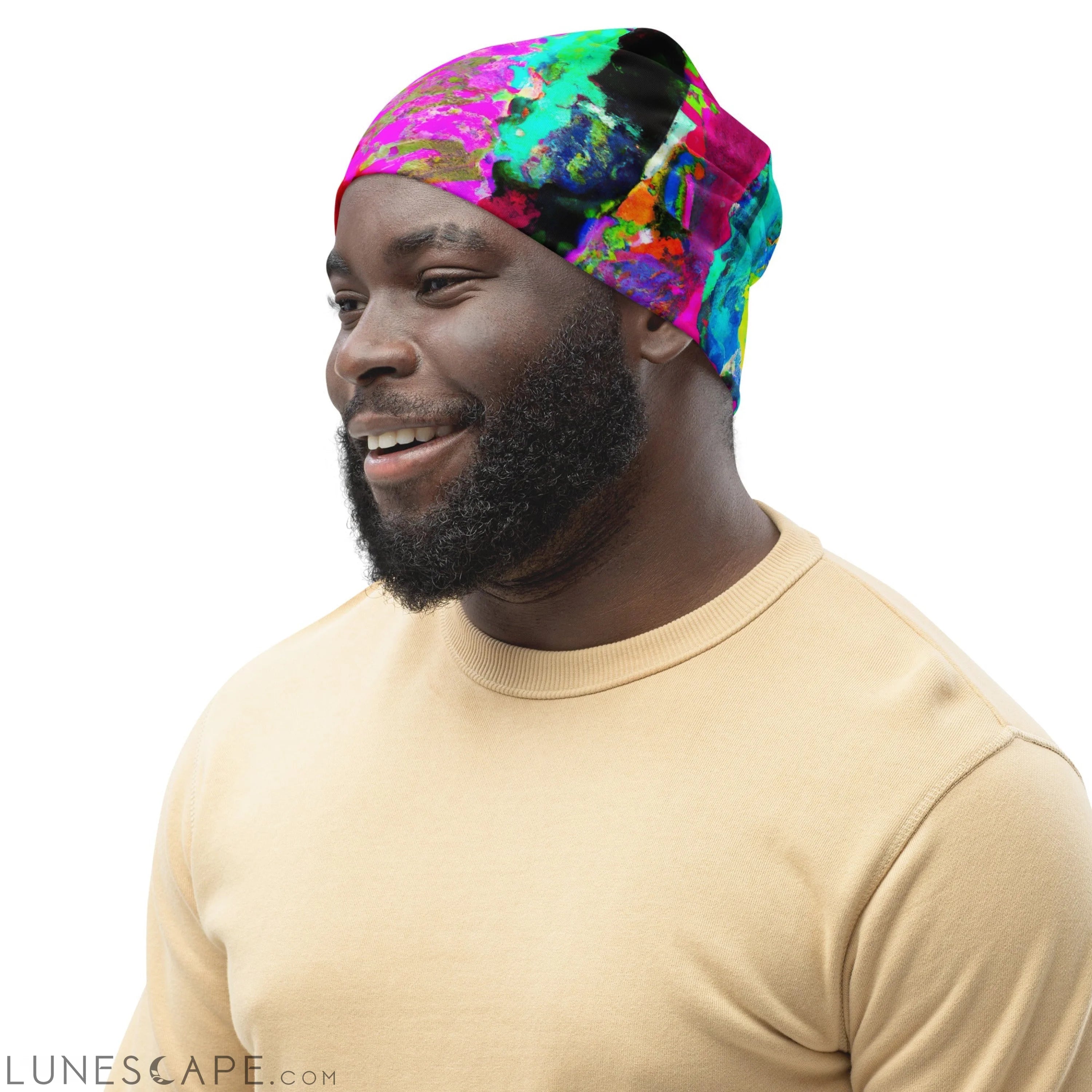 Double-layered Beanie Hat Red Multicolor Abstract Print LUNESCAPE