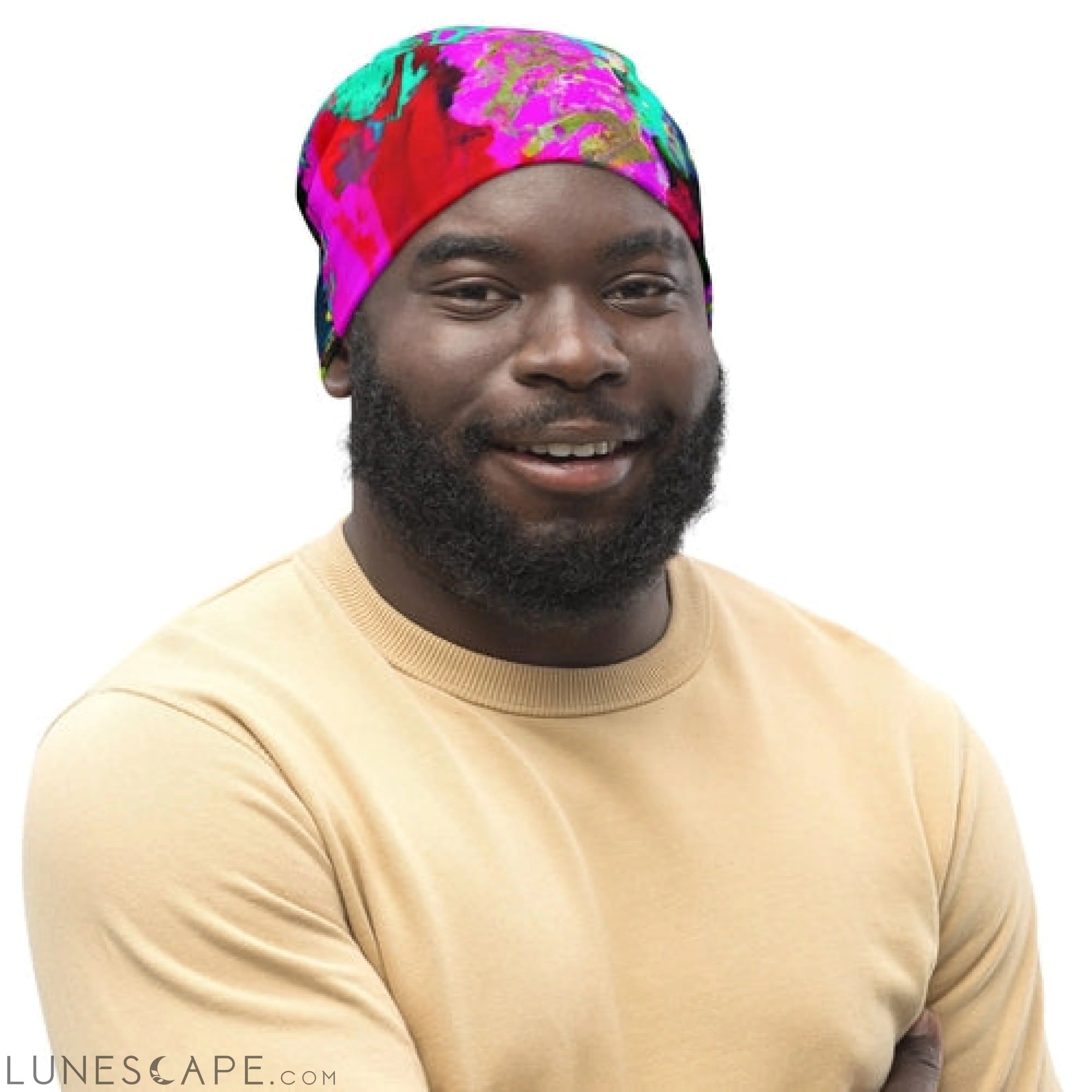 Double-layered Beanie Hat Red Multicolor Abstract Print LUNESCAPE