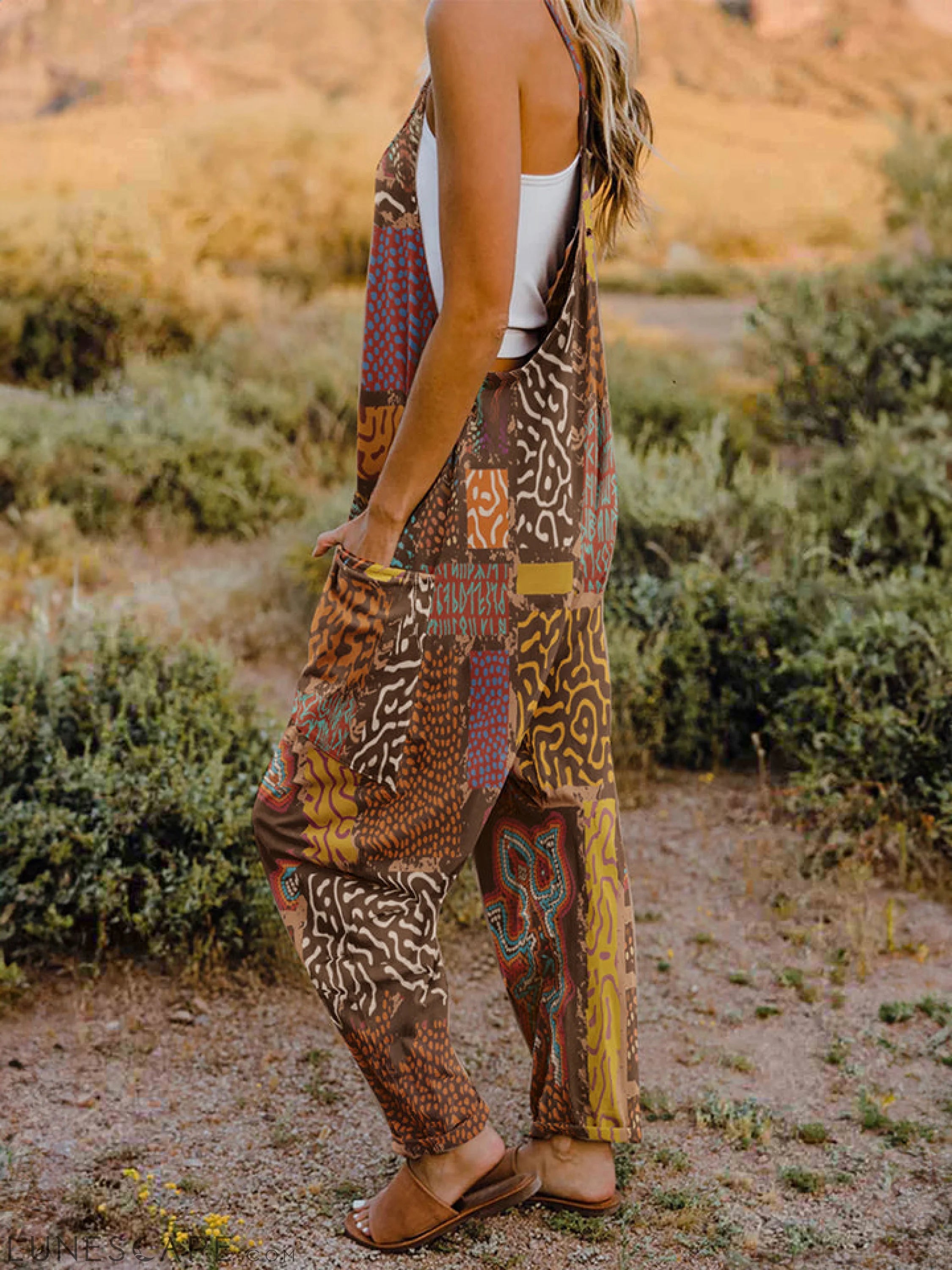 Double Take Full Size Printed V-Neck Sleeveless Jumpsuit LUNESCAPE