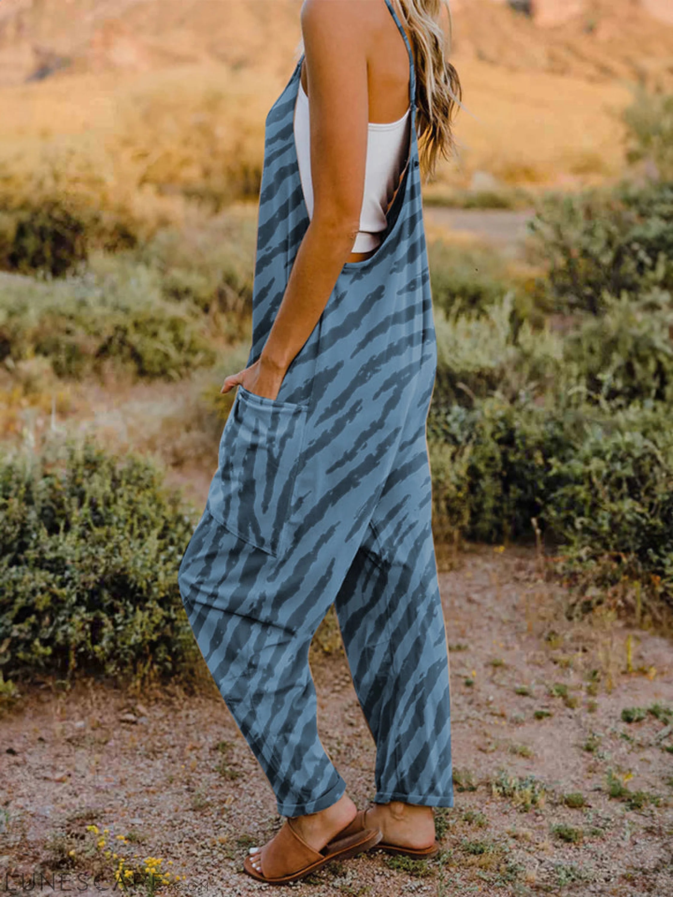 Double Take Full Size Printed V-Neck Sleeveless Jumpsuit LUNESCAPE