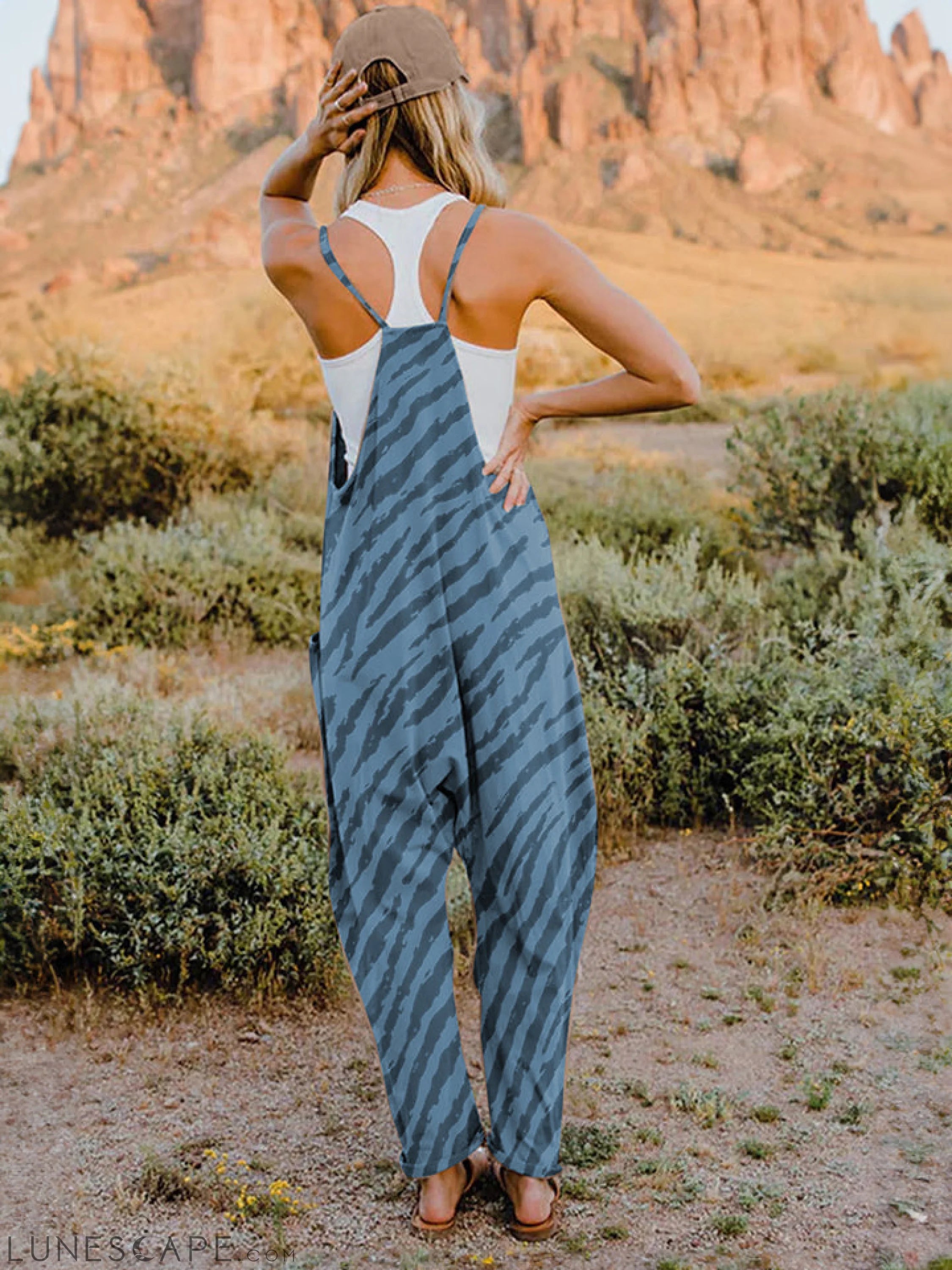 Double Take Full Size Printed V-Neck Sleeveless Jumpsuit LUNESCAPE