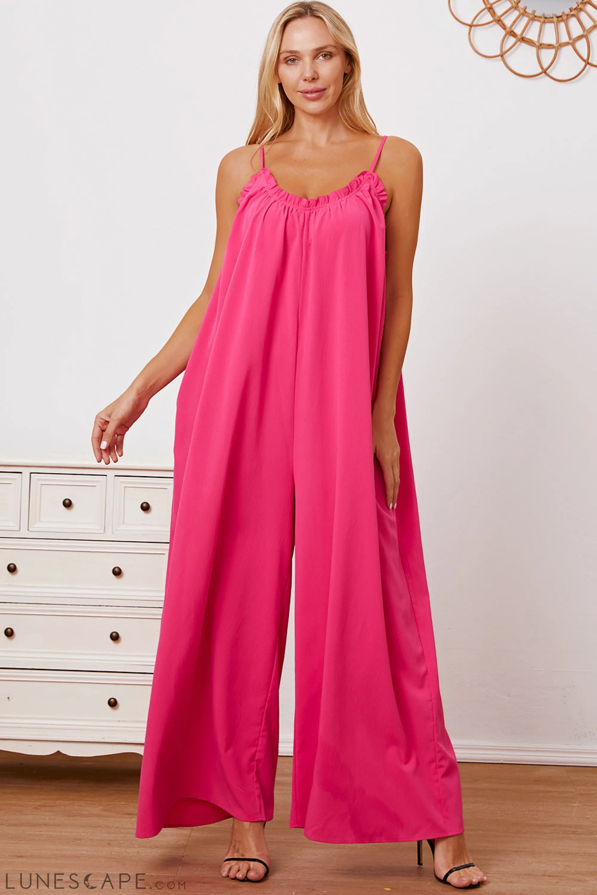 Double Take Full Size Ruffle Trim Tie Back Cami Jumpsuit with Pockets LUNESCAPE