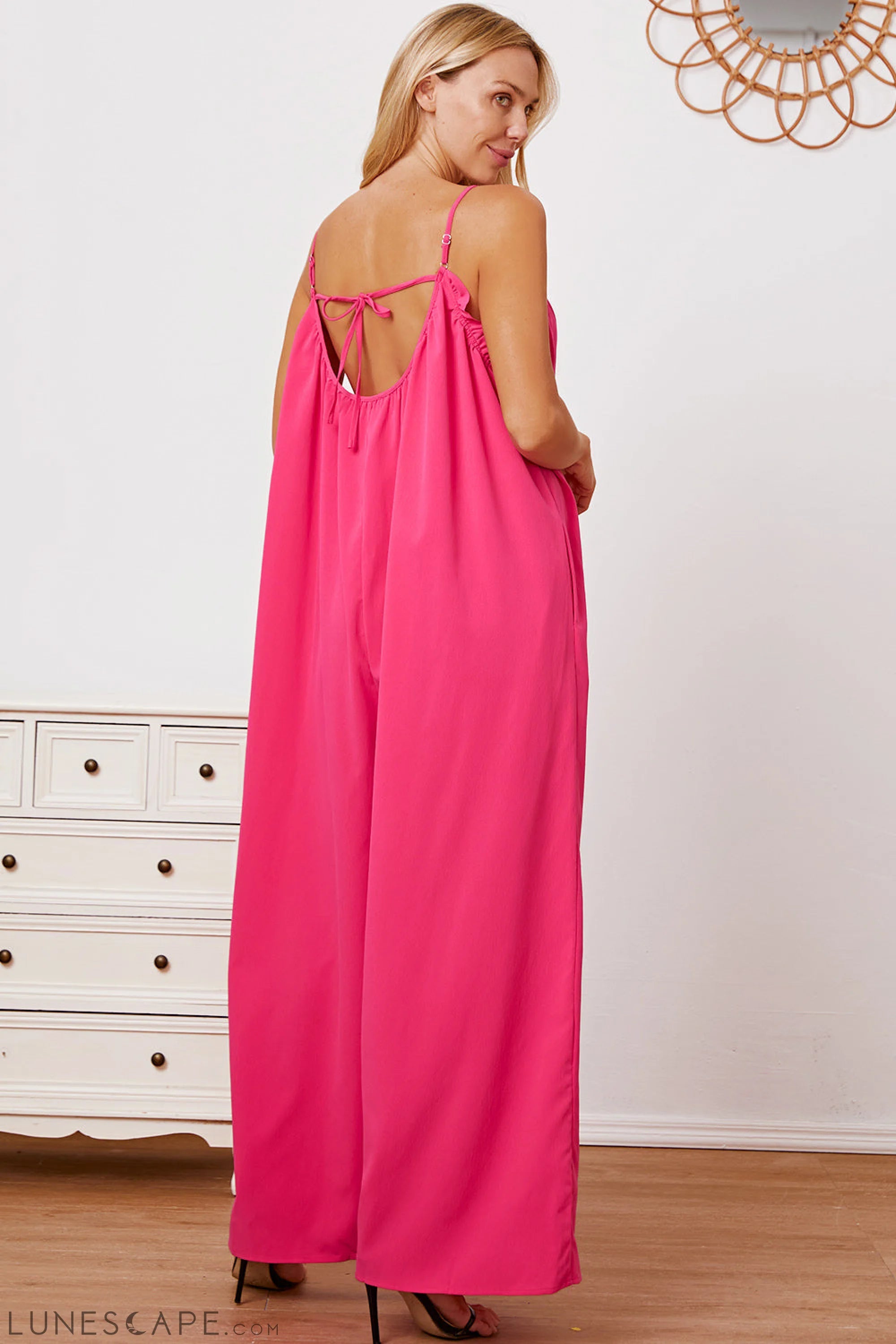 Double Take Full Size Ruffle Trim Tie Back Cami Jumpsuit with Pockets LUNESCAPE