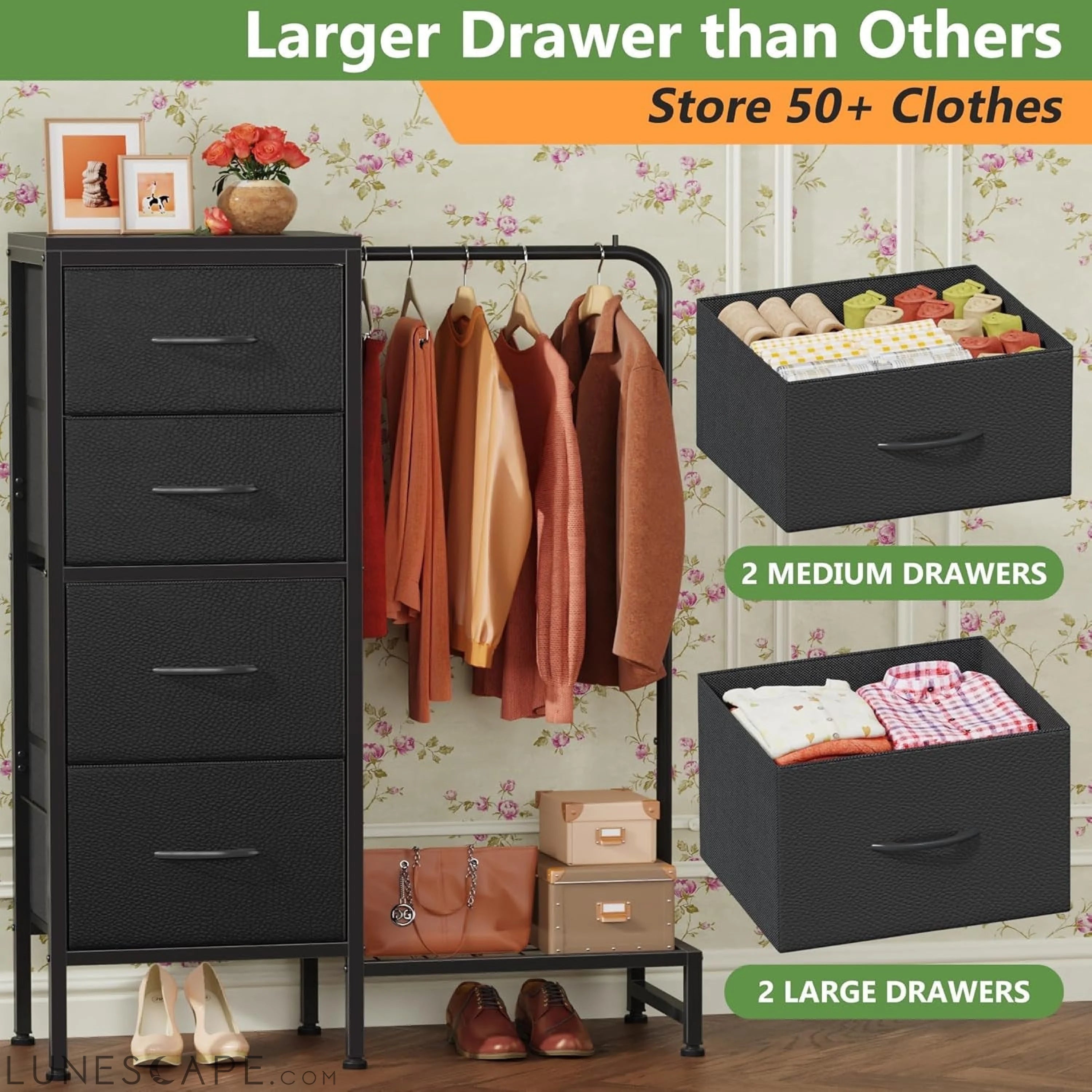 Dresser with Hanging Rack, 4 Drawers Small Dresser for Bedroom, - Dresser with Hanging Rack, 4 Drawers Small Dresser for Bedroom, -