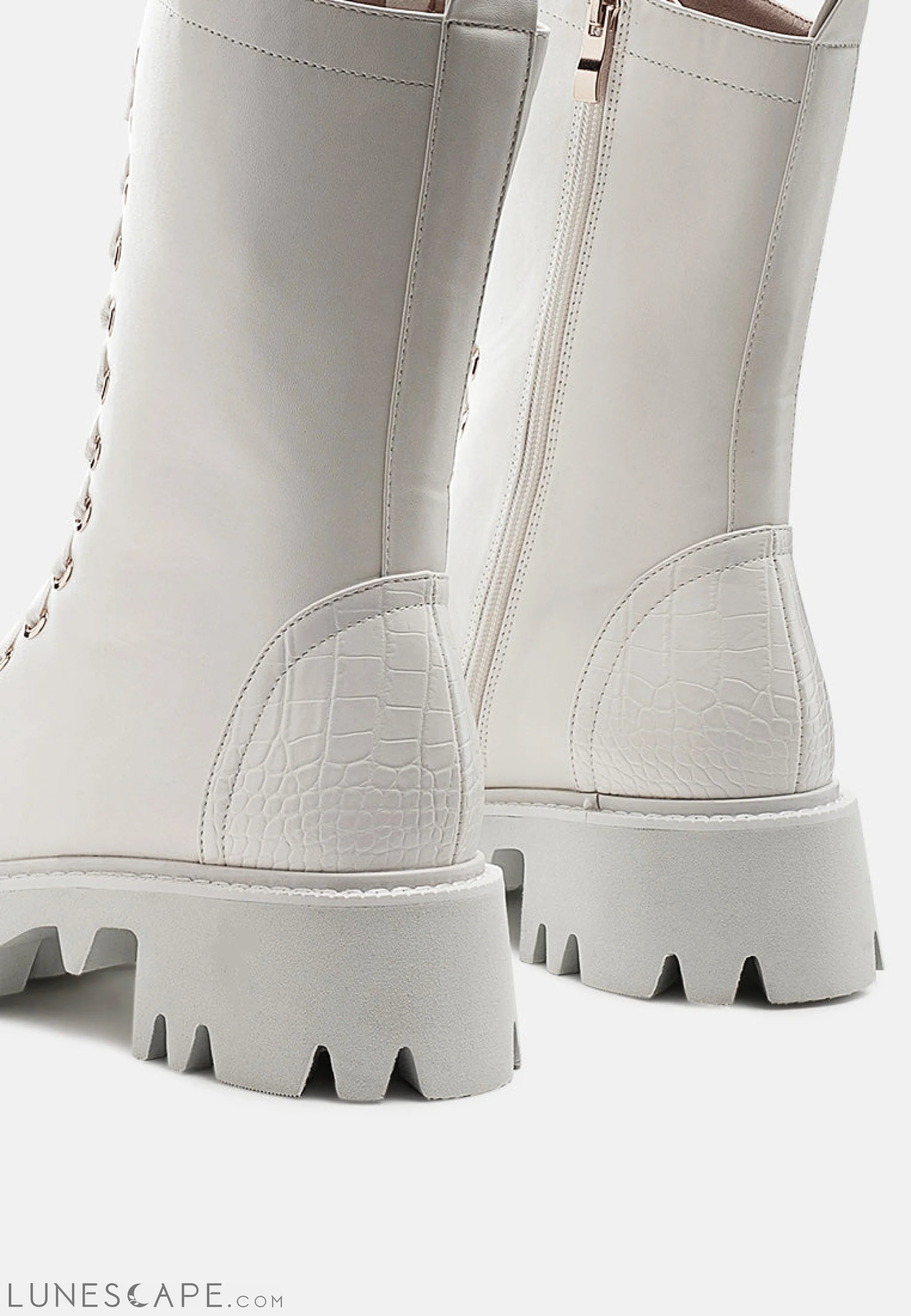 Drill Chunky White Lace Up Ankle Boots LUNESCAPE