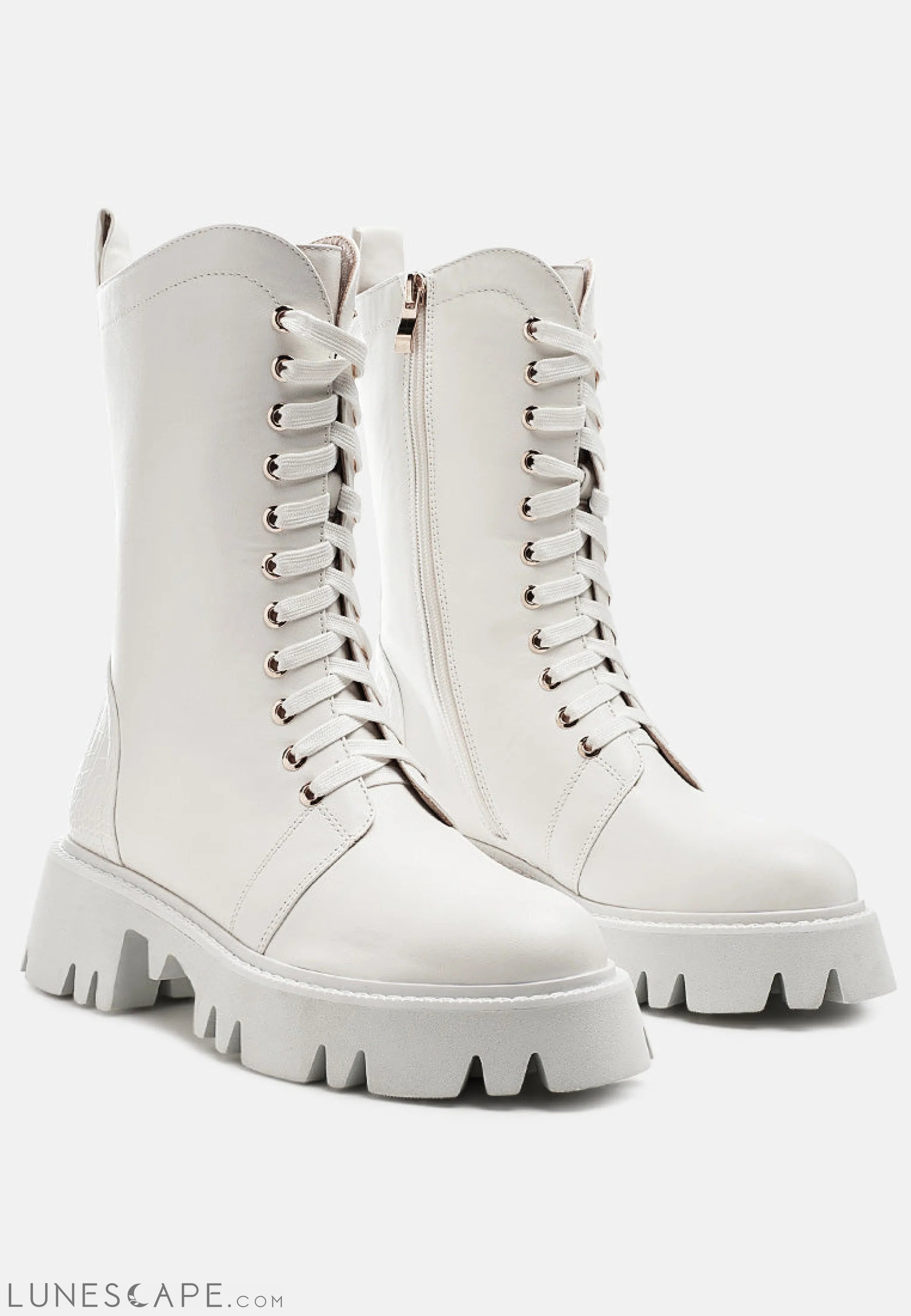 Drill Chunky White Lace Up Ankle Boots LUNESCAPE