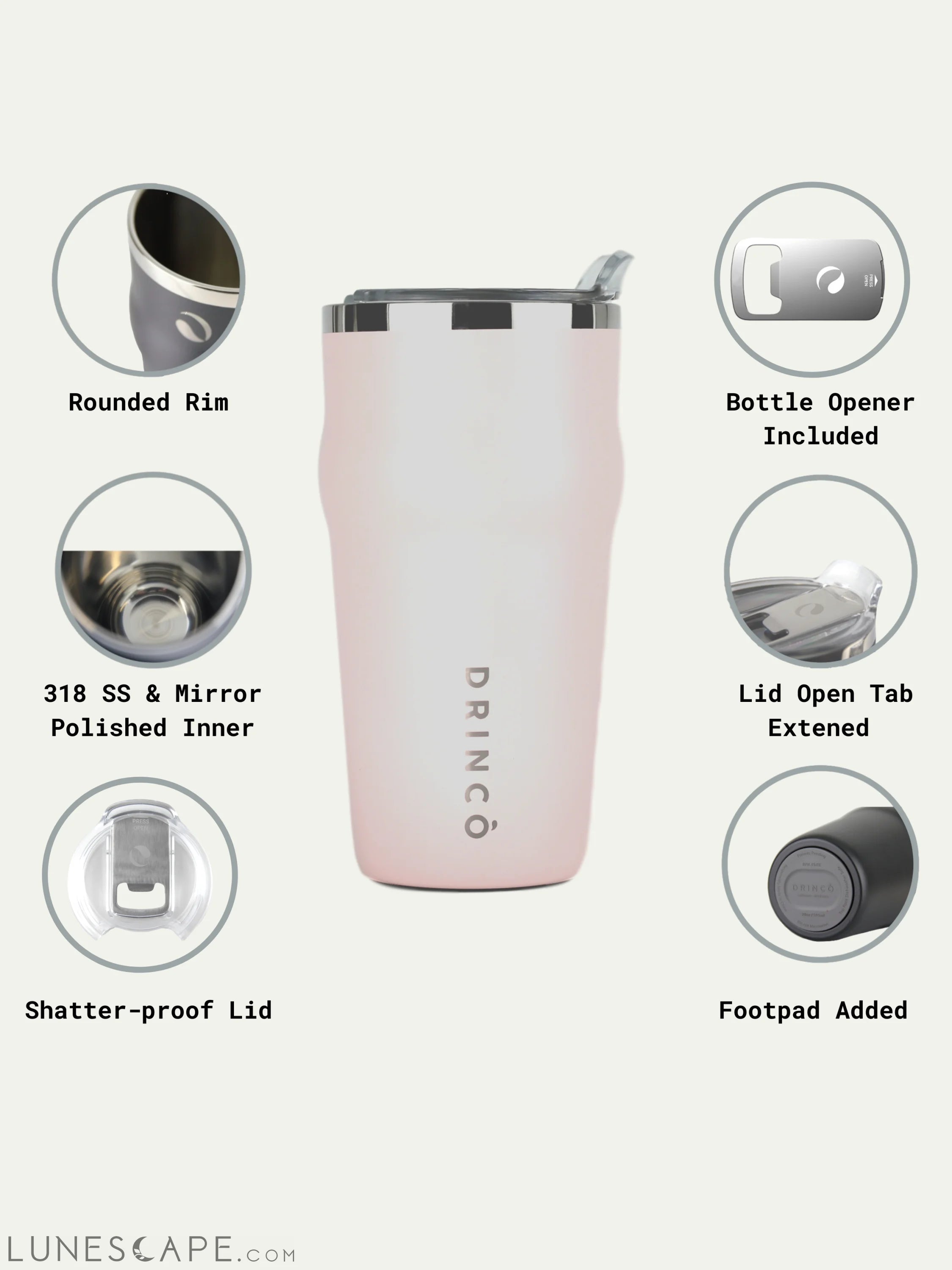 DRINCO 20oz Insulated Tumbler Beer Mug-Bottle Opener THOR-(Pale Pink) LUNESCAPE
