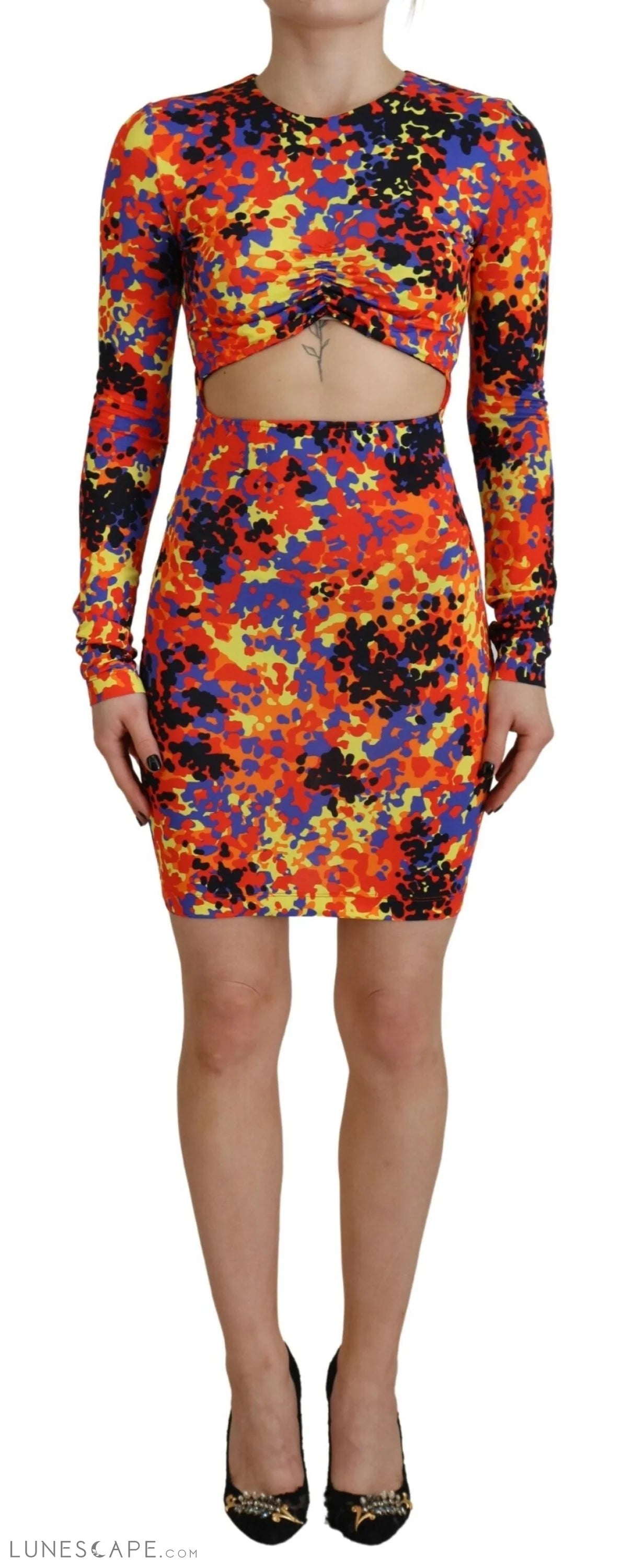 Dsquared² Multicolor Batik Open Belly Long Sleeves Dress LUNESCAPE