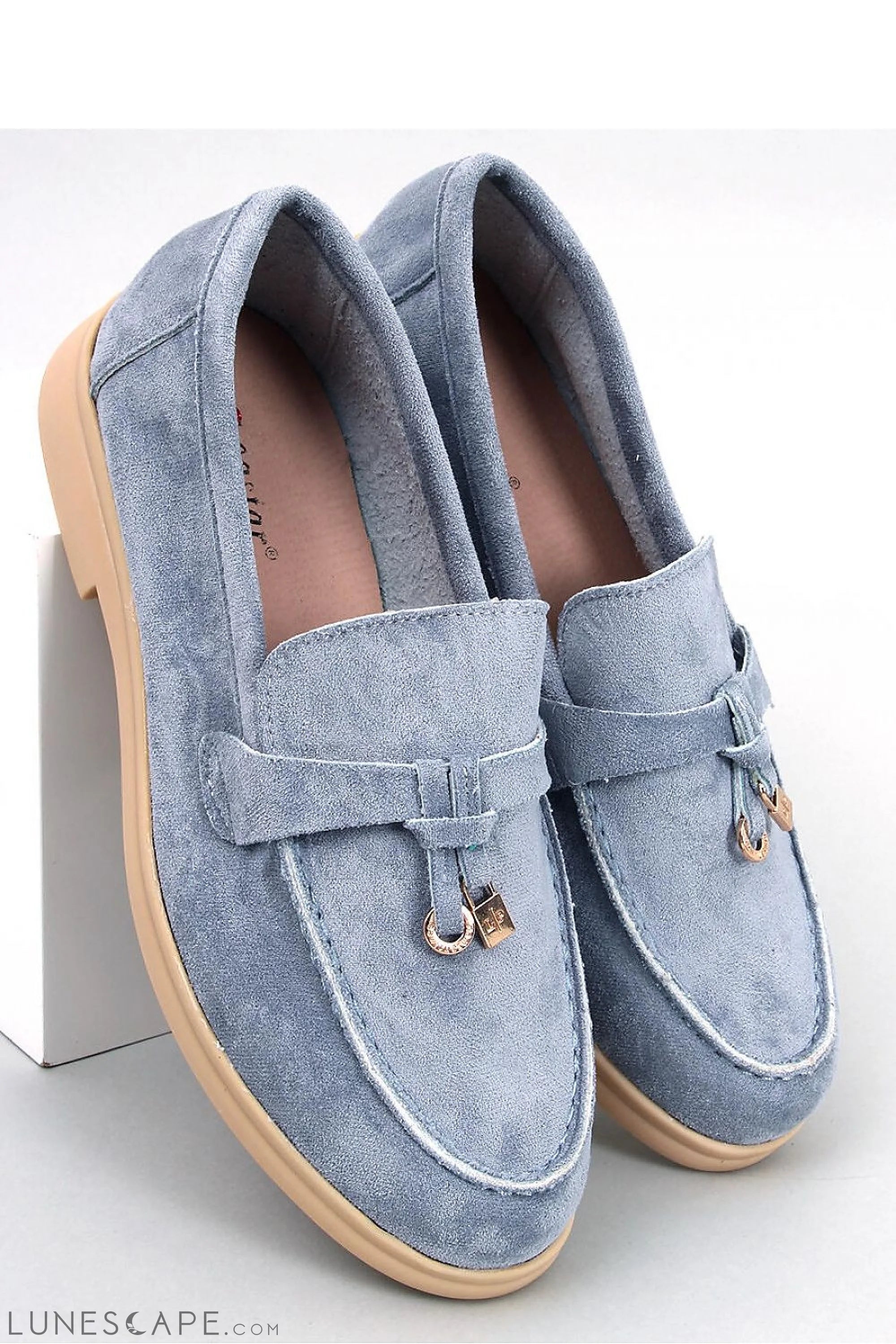 Dusty Blue Eco-Suede Penny Loafers with Gold Charm and Beige Sole LUNESCAPE