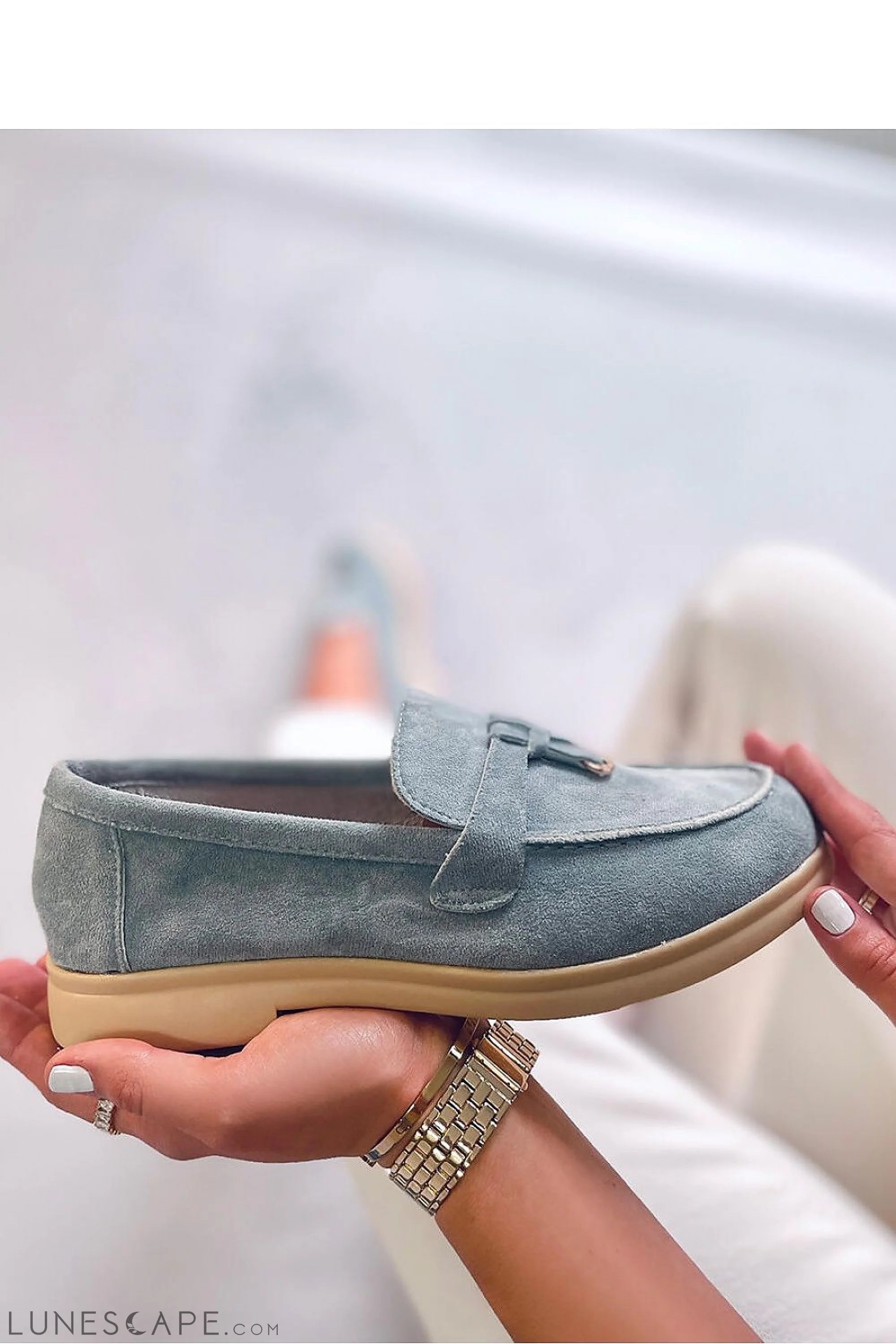 Dusty Blue Eco-Suede Penny Loafers with Gold Charm and Beige Sole LUNESCAPE