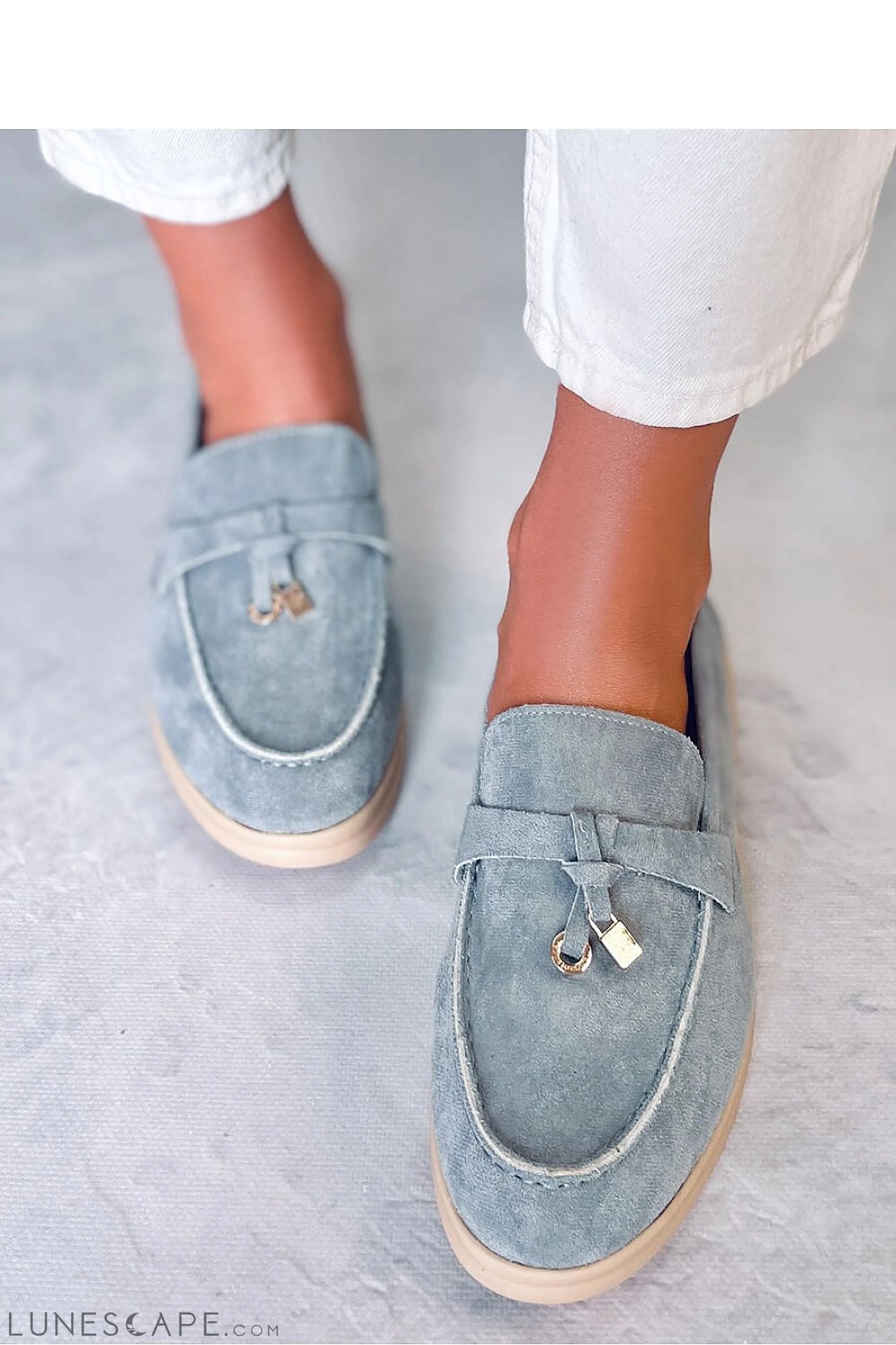 Dusty Blue Eco-Suede Penny Loafers with Gold Charm and Beige Sole LUNESCAPE