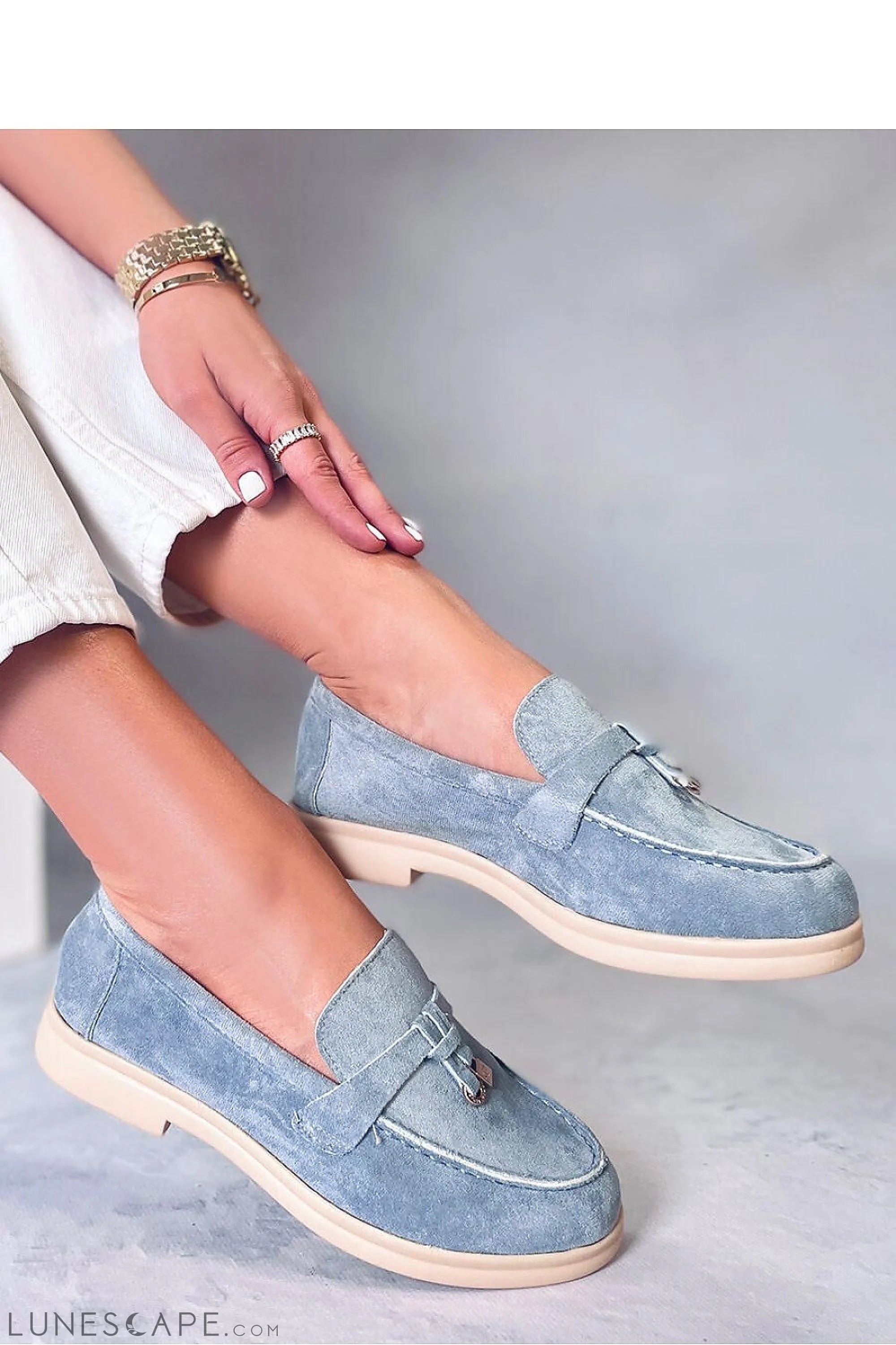 Dusty Blue Eco-Suede Penny Loafers with Gold Charm and Beige Sole LUNESCAPE